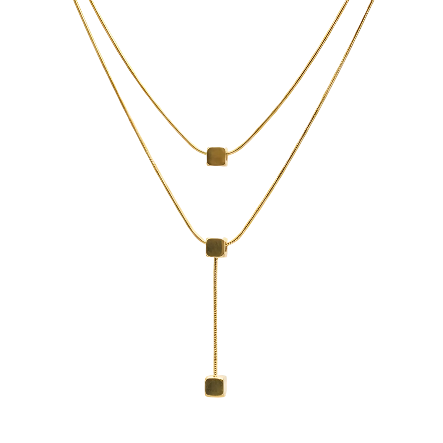 Cube Stack Pendant in gold-tone stainless steel, featuring a dual-chain design and minimalist stacked cube accents