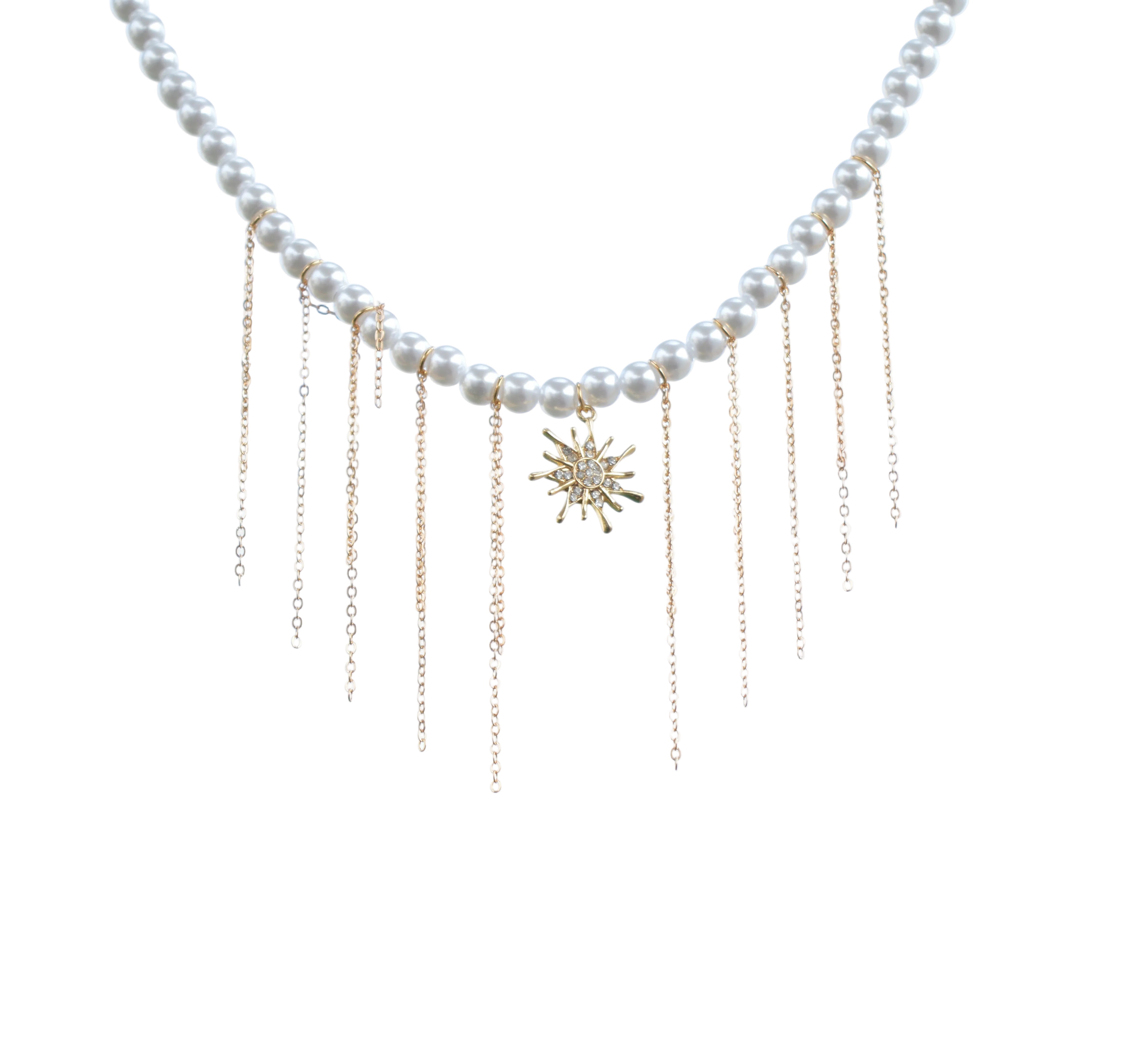 The Celestial Fringe Necklace, a handcrafted stainless steel piece featuring cascading gold chains, pearls, and a central sunburst pendant