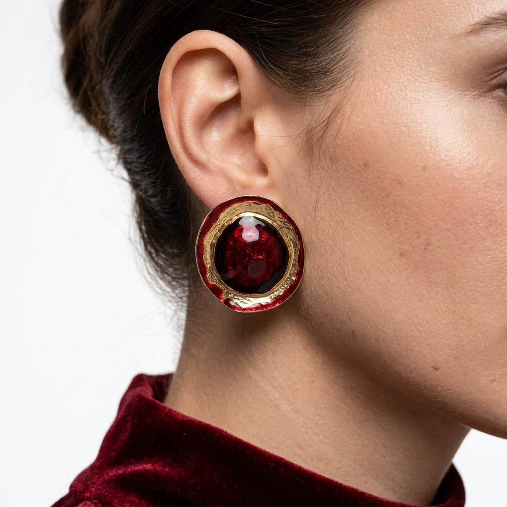 A close-up of a model's ear wearing a round gold and red statement earring with a faceted dark red center Chunky red and gold earrings with organic-shaped brass frames and glossy decorative centres by Civaro.
