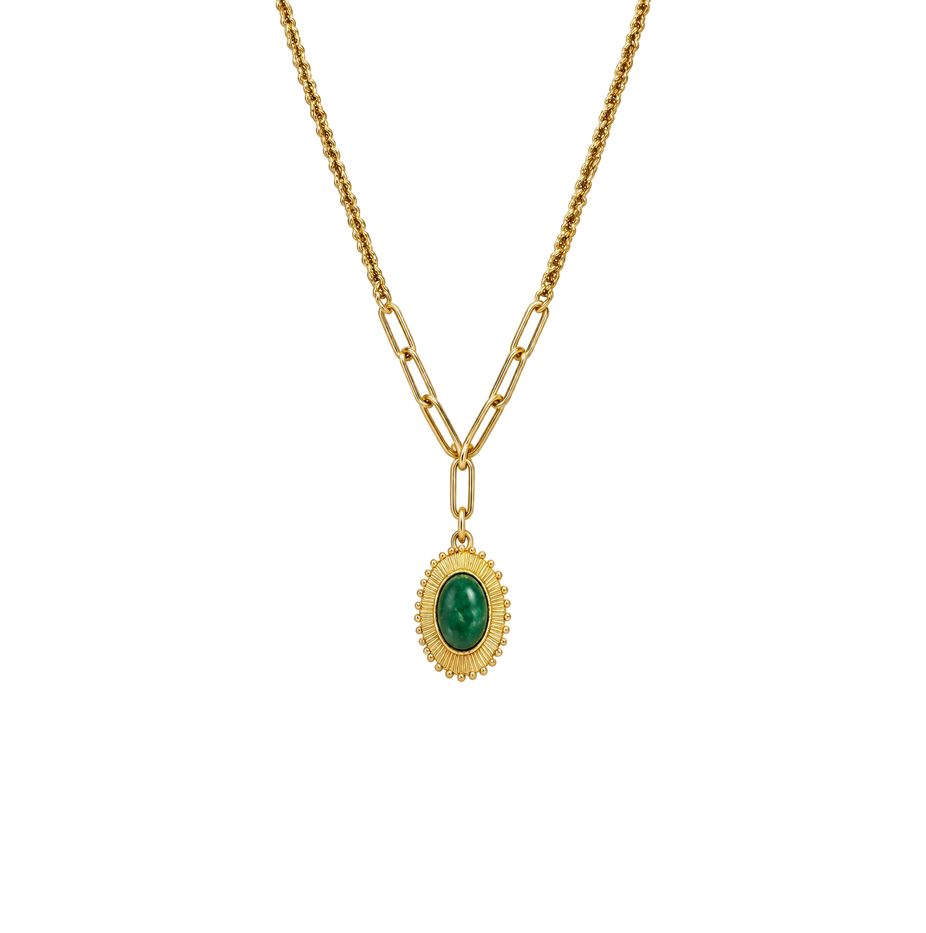 Green stone pendant necklace with mixed rope and elongated link chain in 316L stainless steel by Civaro
A gold chain necklace featuring a paperclip-style link design and an oval green gemstone pendant with a textured gold border, shown against a plain white background.