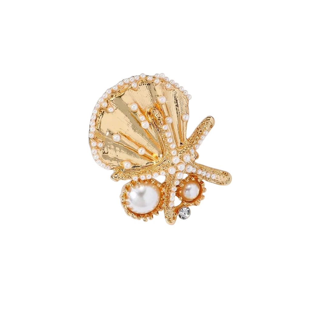 Adjustable shell ring with rhinestone and pearl detailing