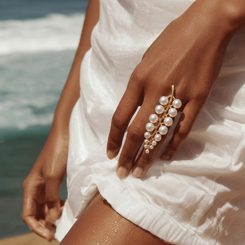     Beach-inspired botanical pearl ring with adjustable open band.