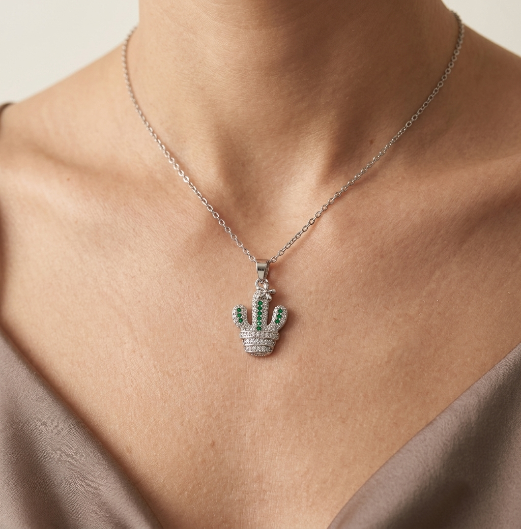 Model wearing Botanical cactus charm necklace with sparkling zircon stones for women By civaro