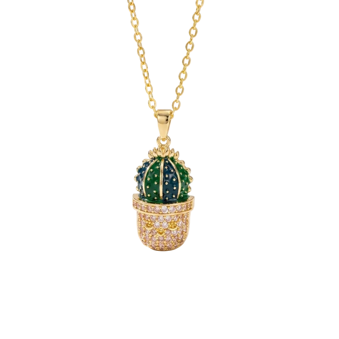 Cactus pendant necklace with green enamel and zircon detailing on gold chain by Civaro