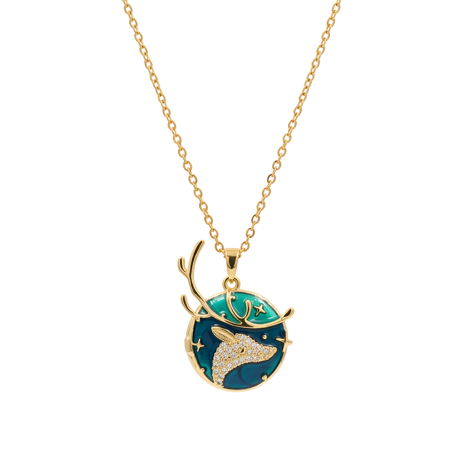 Celestial Fawn Pendant in gold-tone stainless steel, featuring a gradient enamel background and a stone-set fawn motif