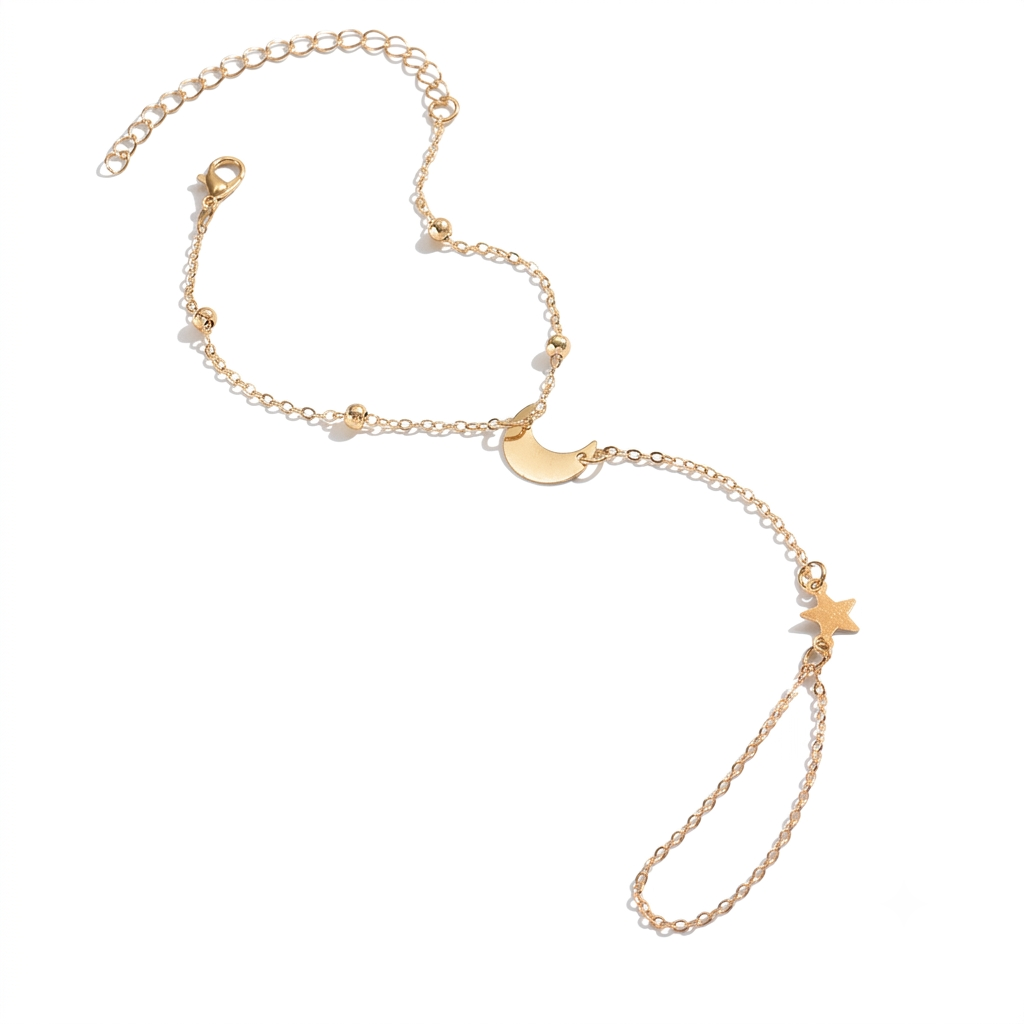 Celestial moon and star hand chain with gold-tone finish