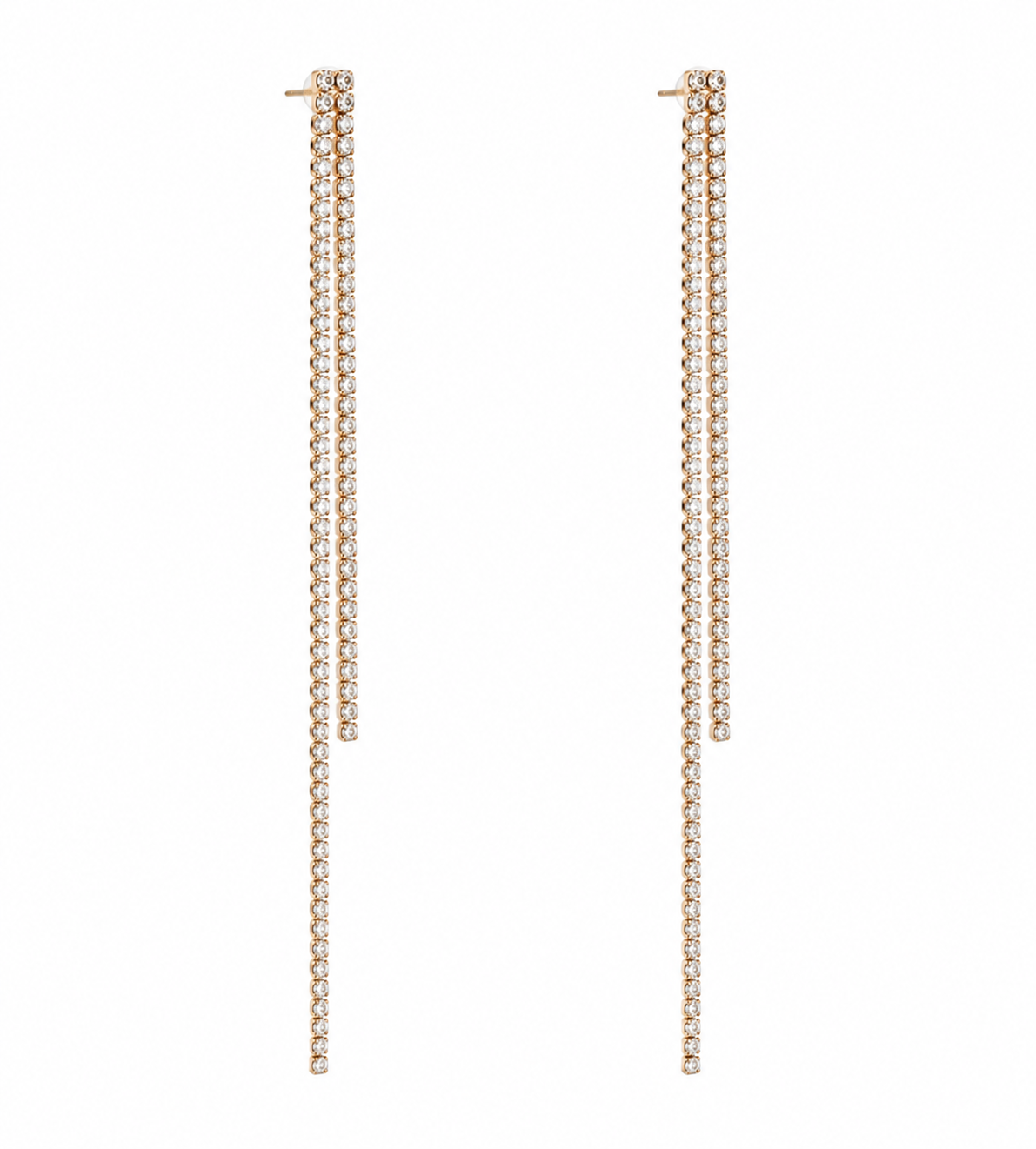 A pair of rose gold drop earrings with three cascading rows of small clear stones, shown against a plain white background, Premium brass rose gold tassel earrings with 18K rose gold tone finish and sparkling cubic zirconia for elegant occasion wear by Civaro
