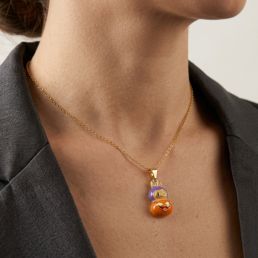 Close-up of Labubu-inspired pendant in hypoallergenic jewelry finish