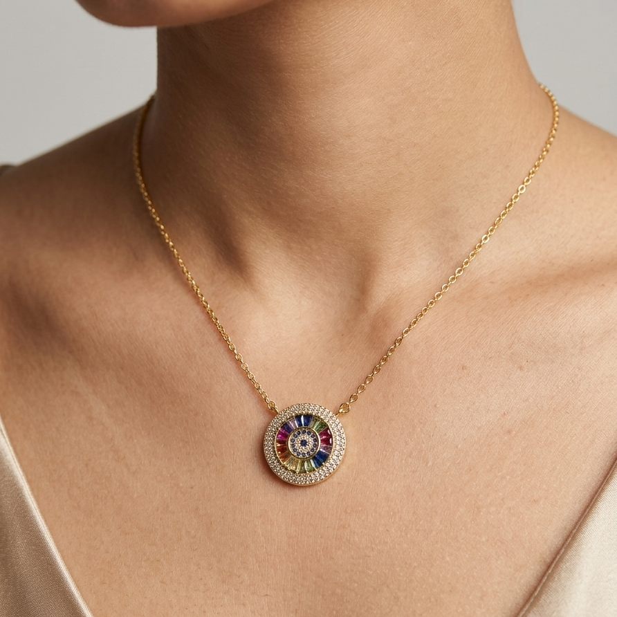 Close up of the premium weight and reflective sparkle of the Iris Evil Eye medallion necklace worn in neck