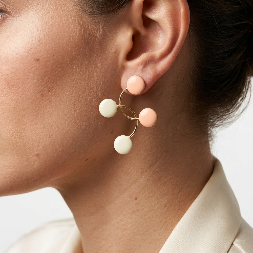 Model wearing Contemporary gold tone earrings featuring pink and white enamel details suitable for everyday and occasion wear by Civaro.
