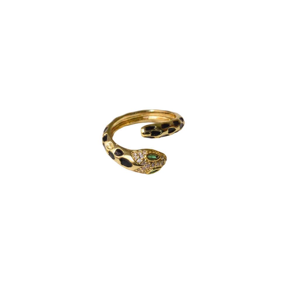 Gold snake-shaped ring with black accents on a light gray background