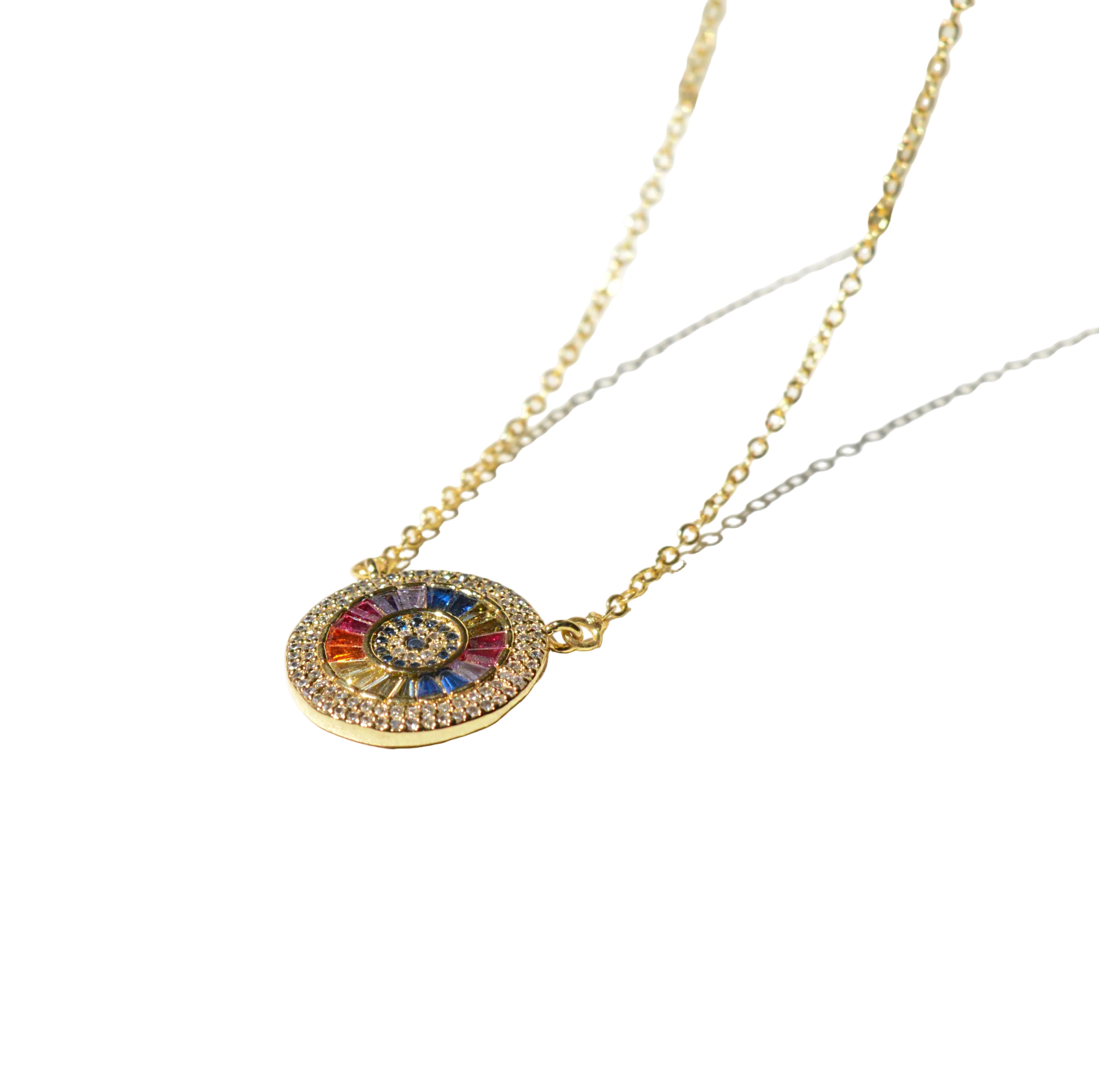 Iris Prismatic medallion necklace featuring a concentric radial spectrum of multi-colored baguette crystals worn on the neckline