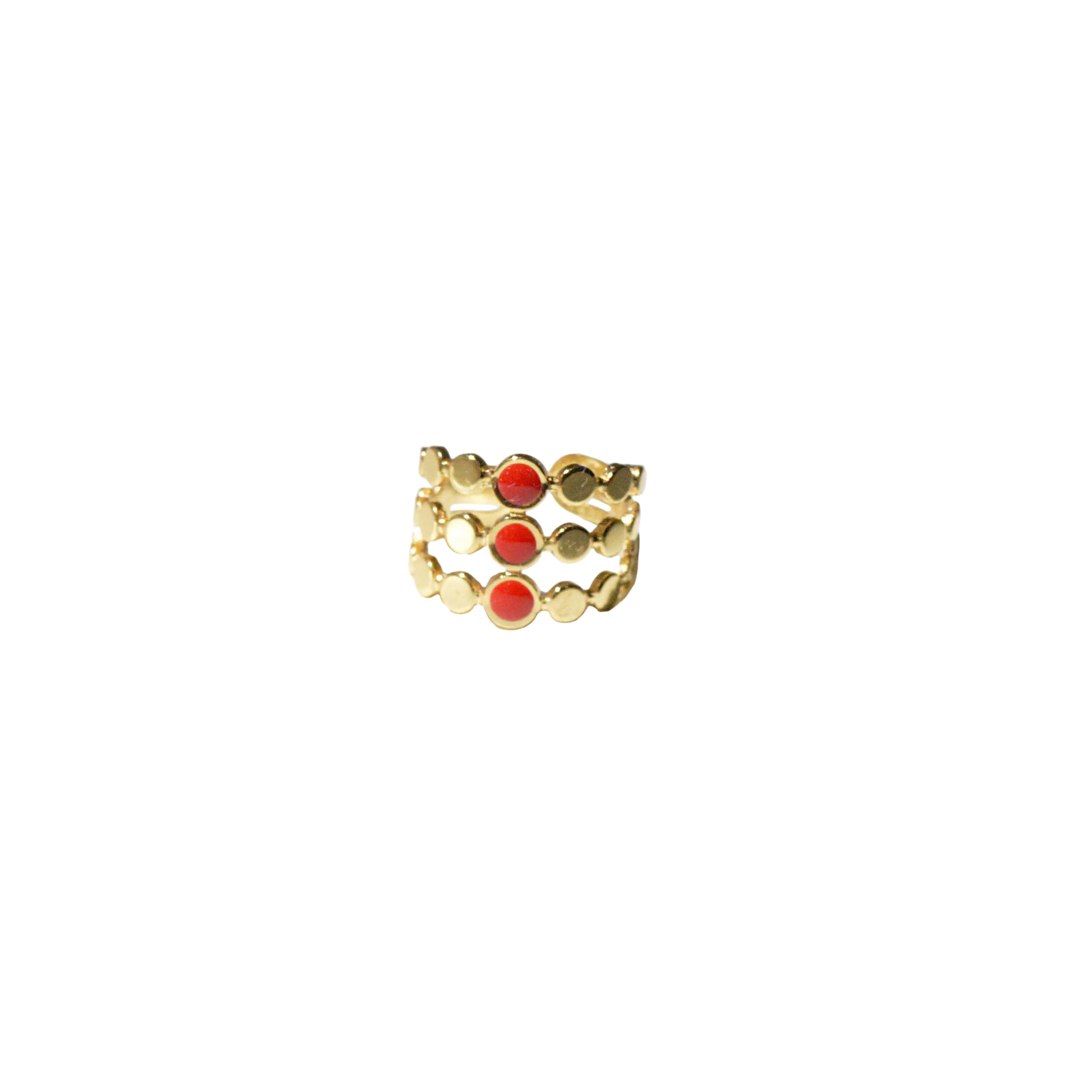 Crimson Signet cage ring with three parallel rows of gold-toned disks and red enamel central cells