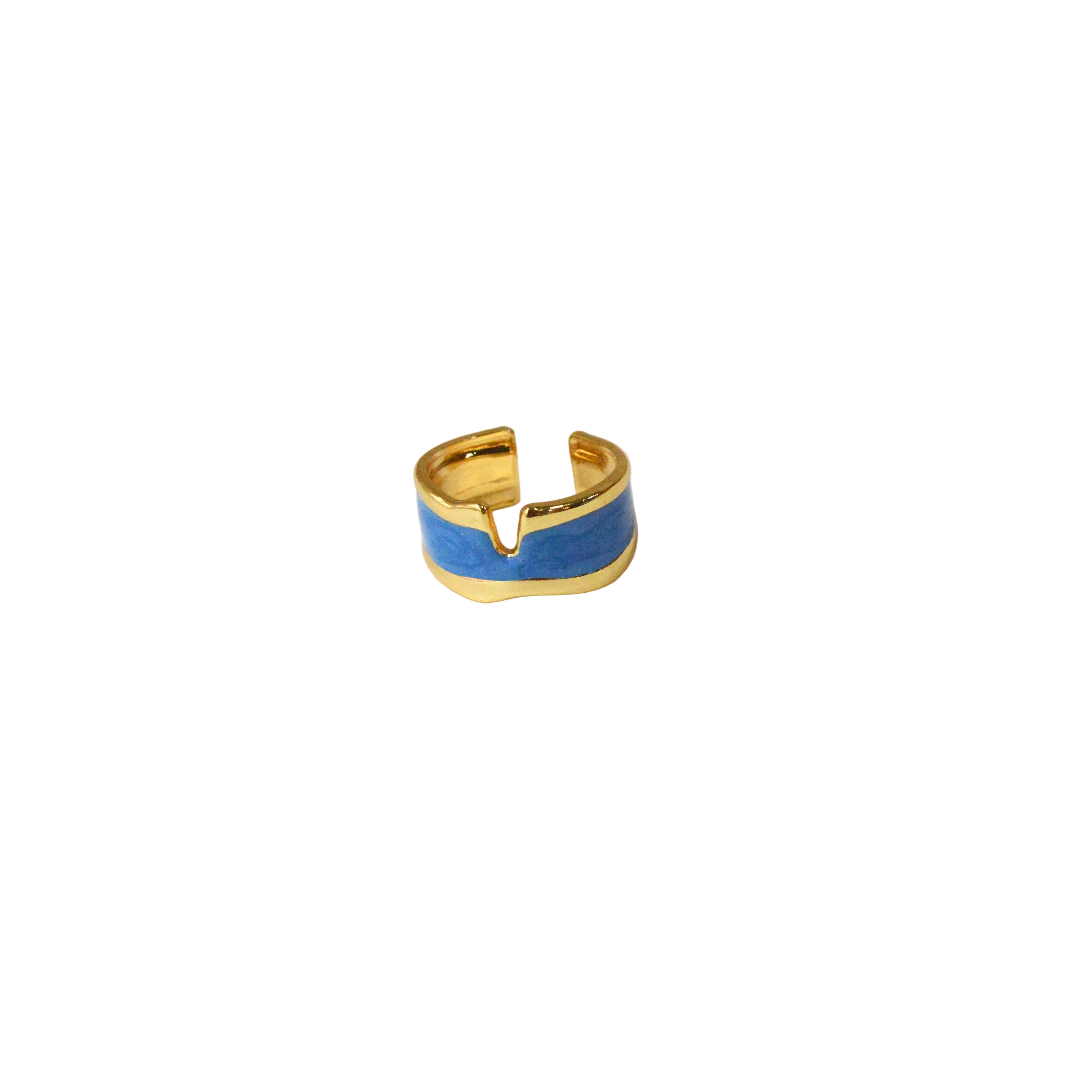 Cyan Serene notched ring with marbled blue enamel and a polished gold-toned stainless steel band