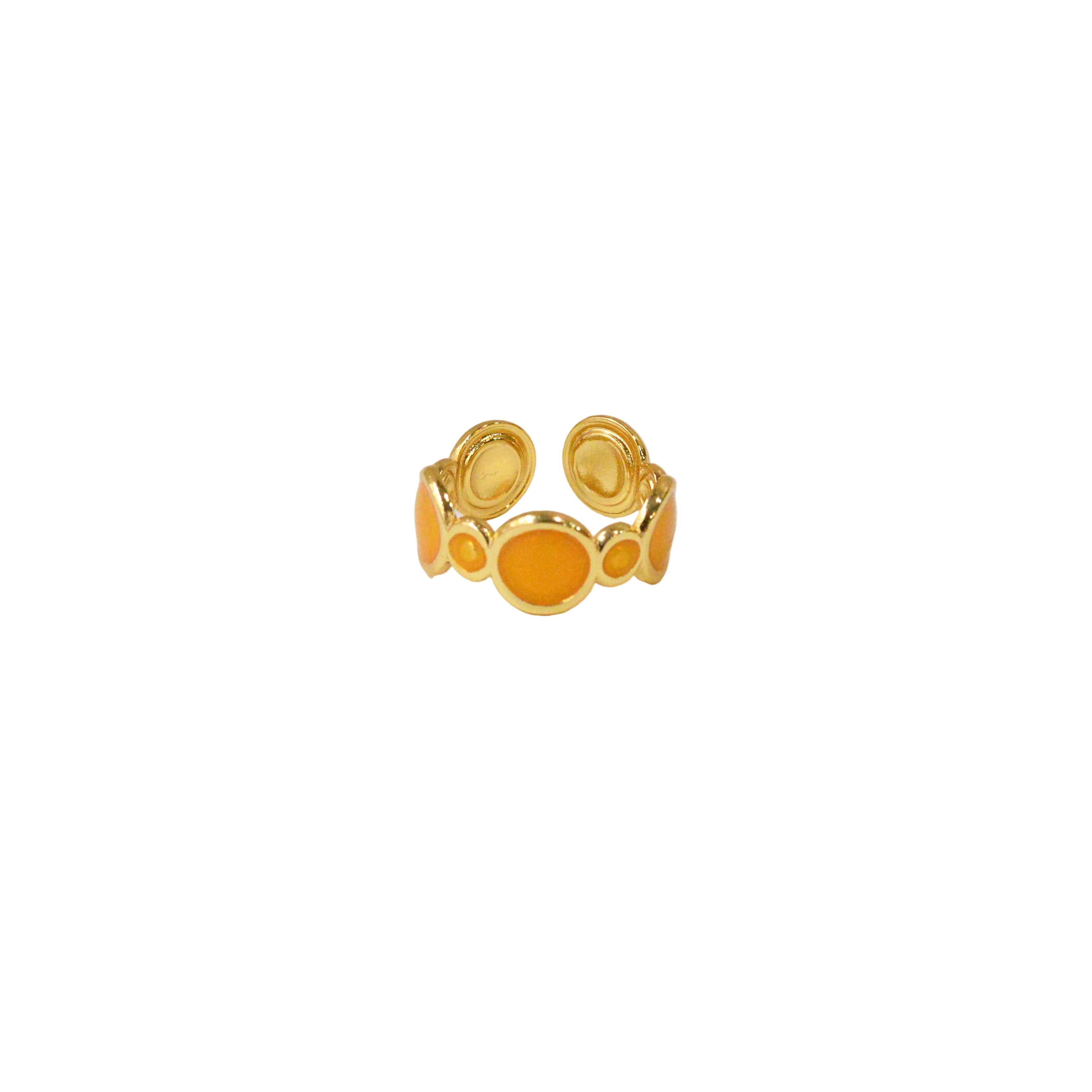 Solis enamel adjustable ring featuring honey orange circular cells and a polished gold toned finish