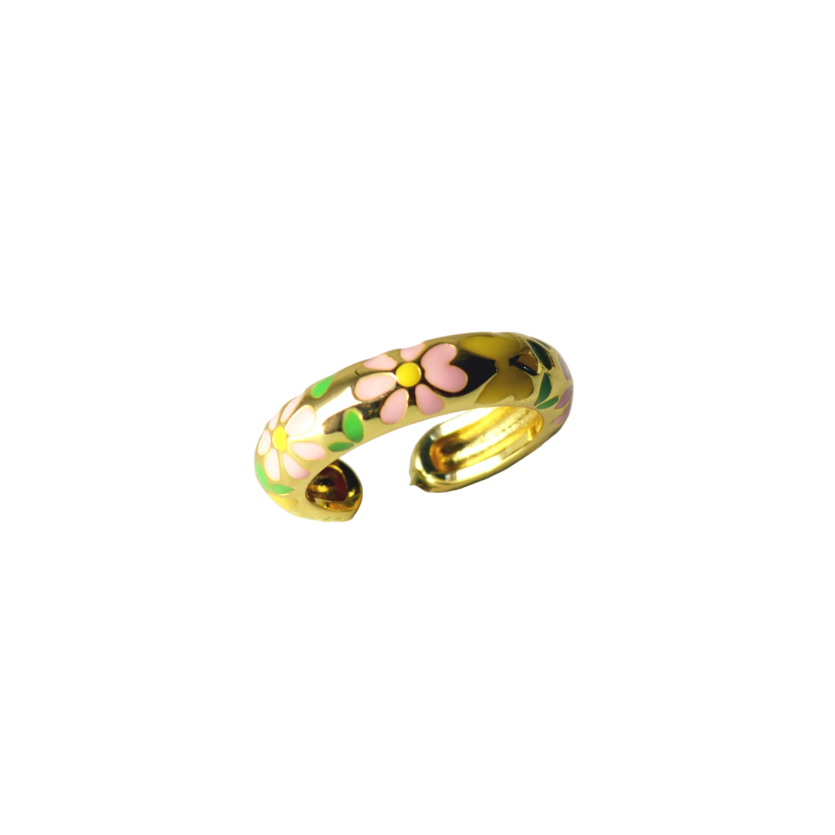 Gold tone enamel flower ring with colorful daisy design