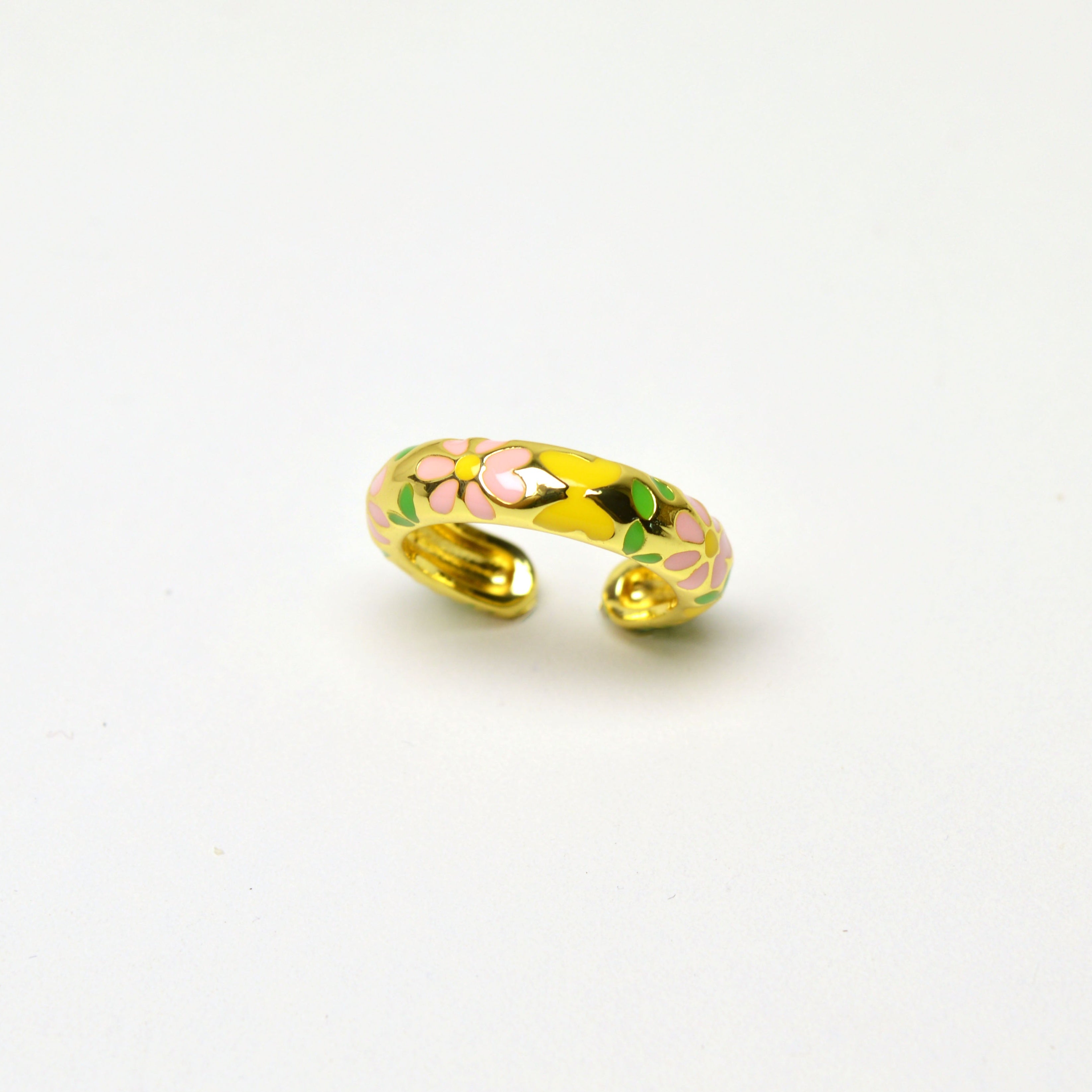 Adjustable stainless steel ring with floral enamel detailing