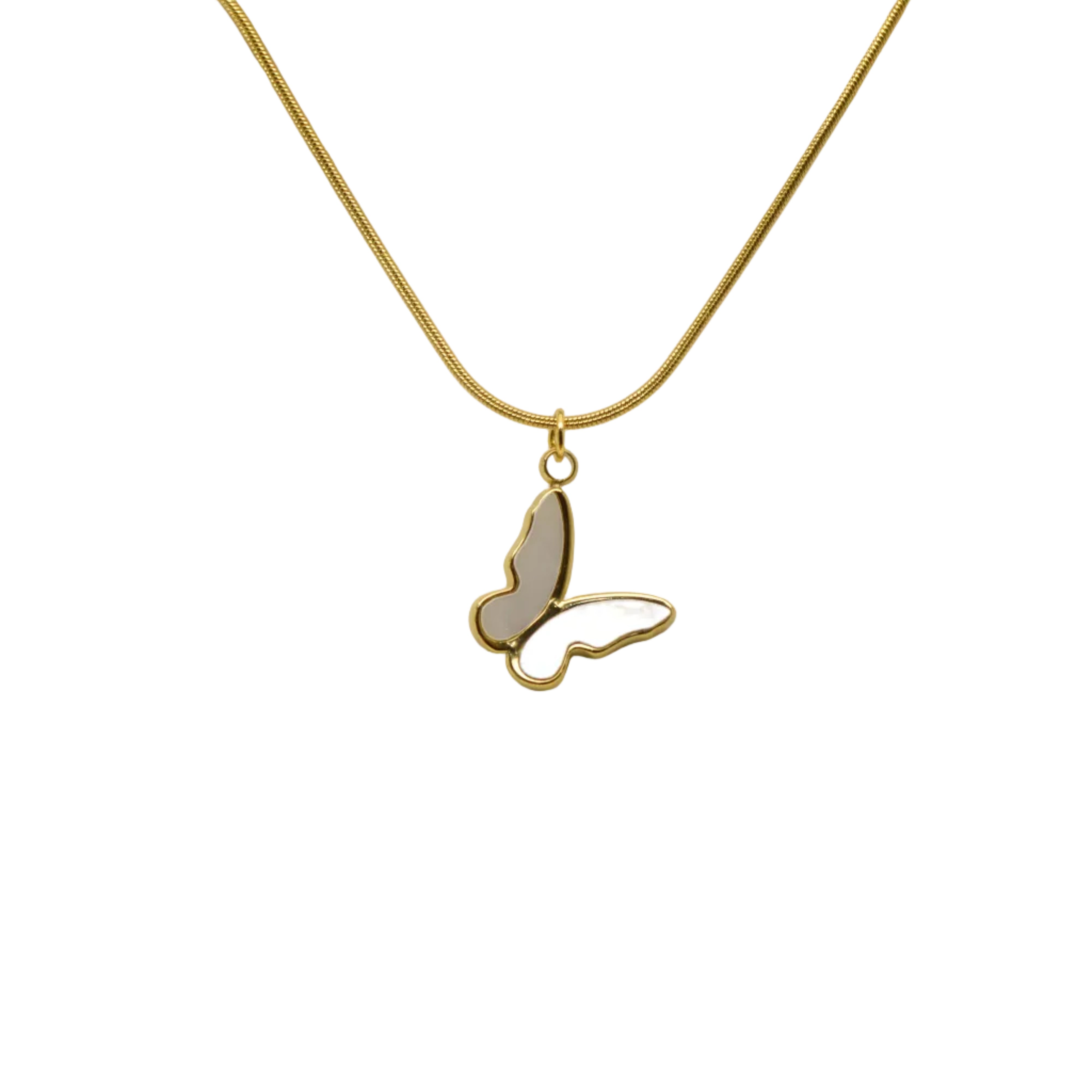 Whimsical Minimal white butterfly pendant necklace with Mother of Pearl wings in stainless steel