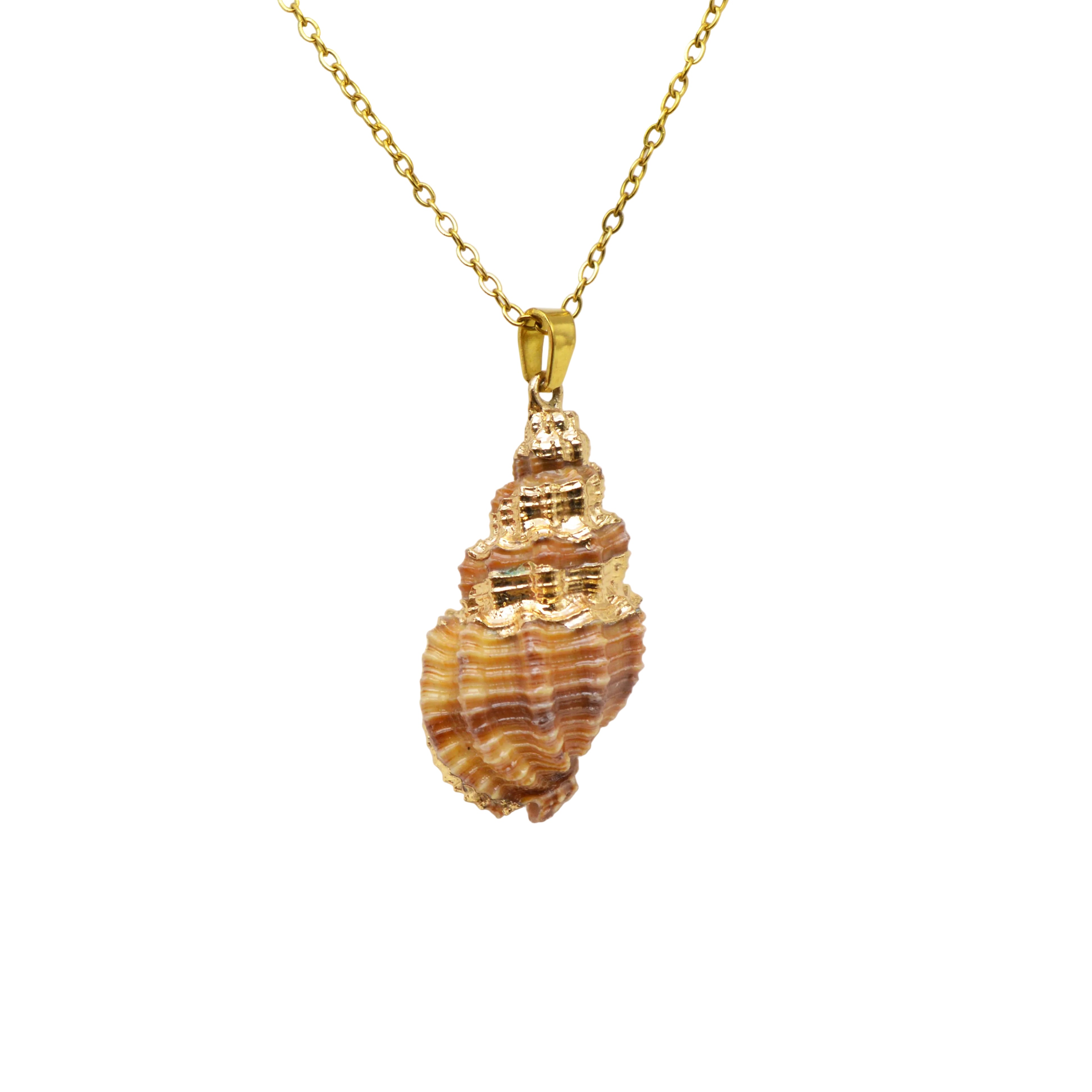 Shell pendant with gold tone accents on a stainless steel chain