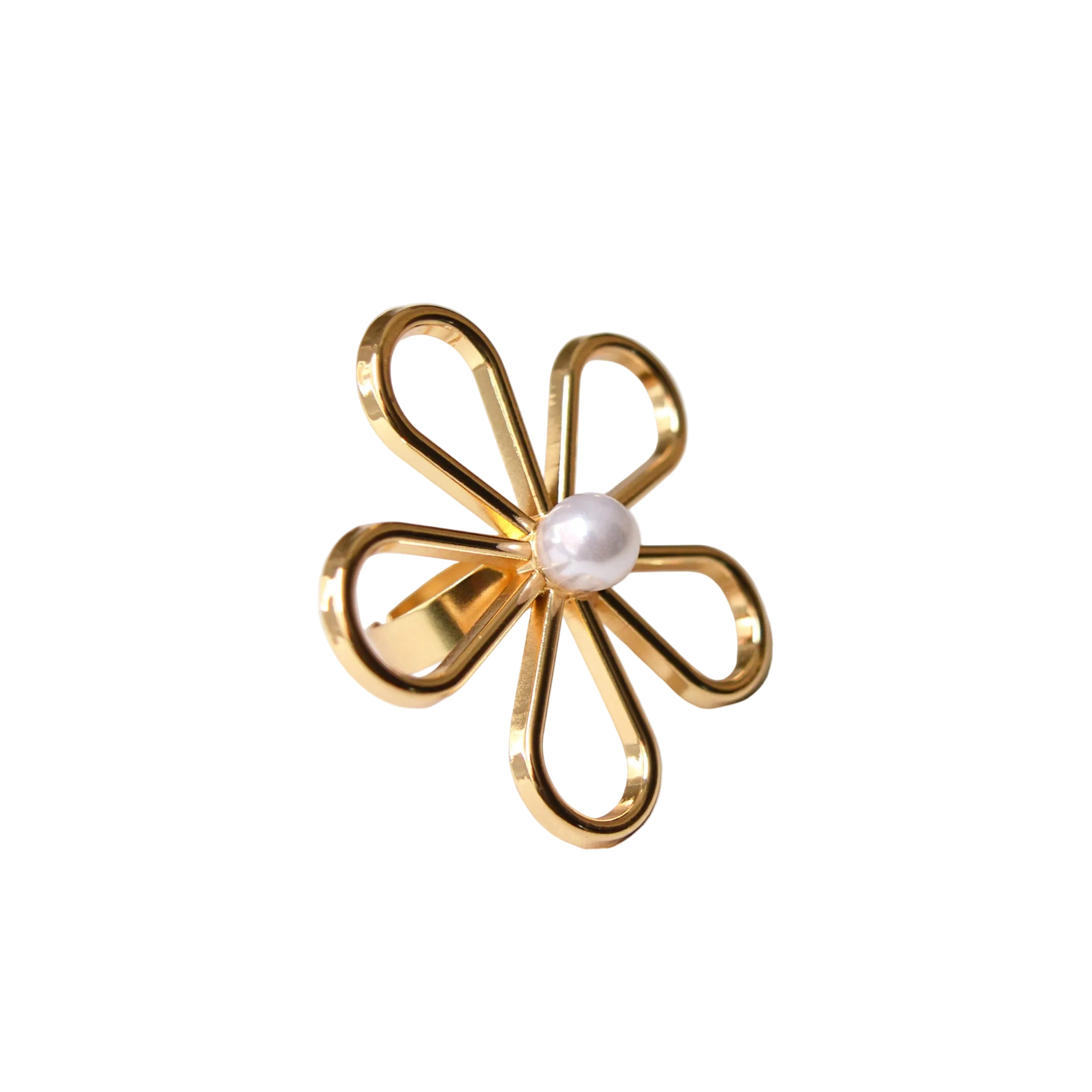     Adjustable gold floral ring crafted from alloy with a polished finish and pearl accent, beach wear