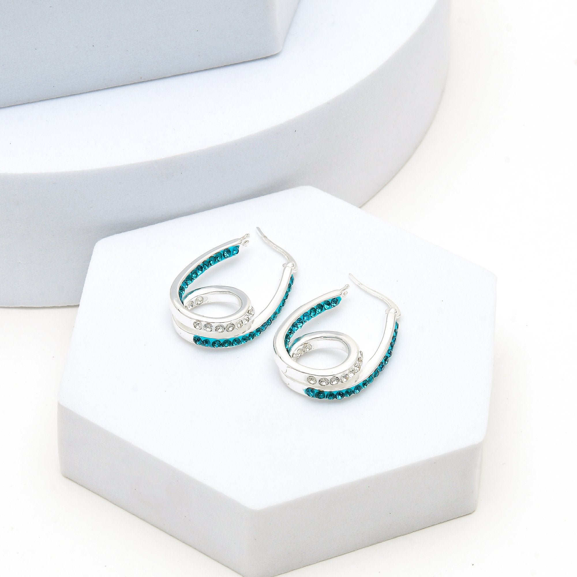 Blue crystal statement hoop earrings with layered double hoop design