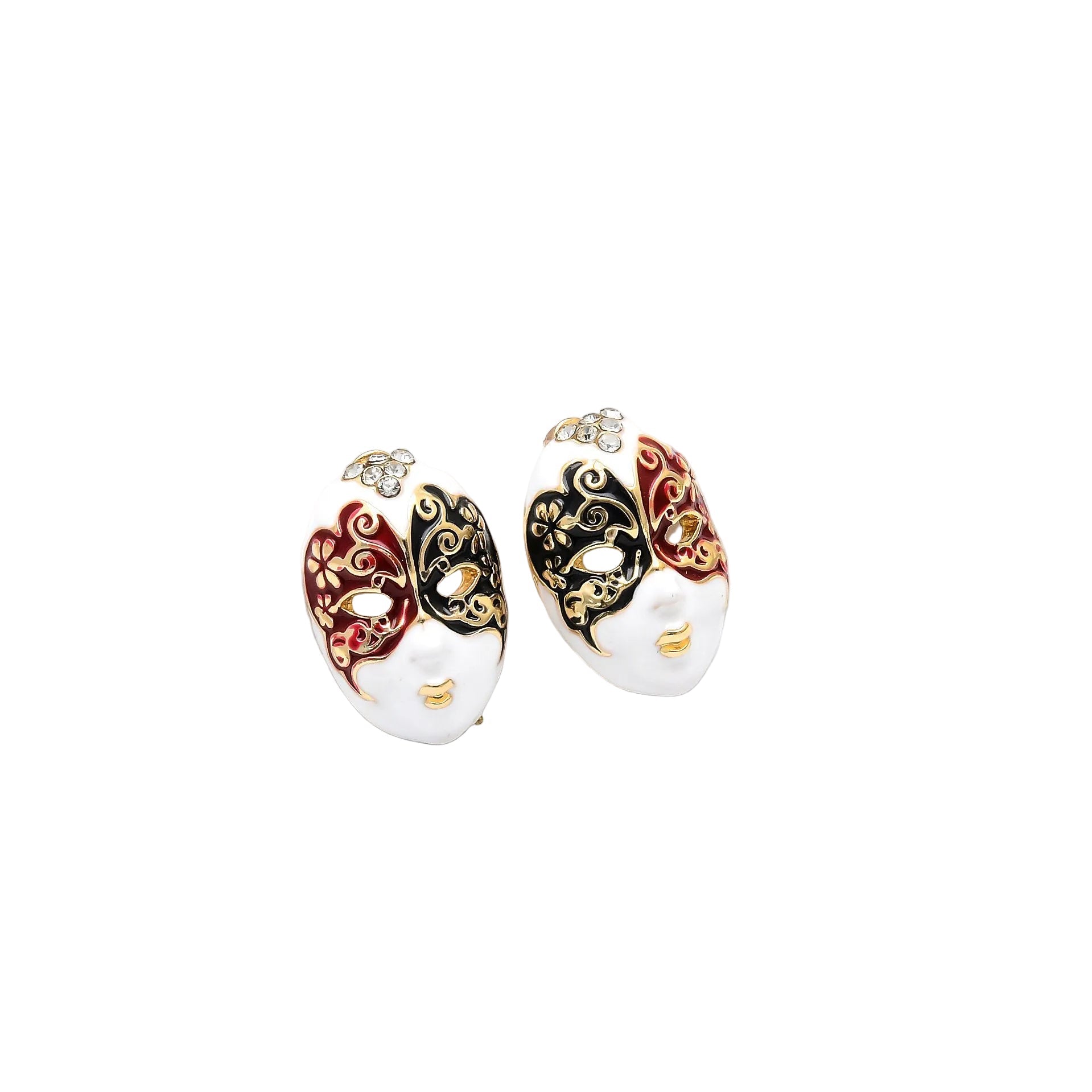 Masque Surrealist stud earrings featuring Venetian mask designs with white, black, and maroon enamel on white display steps