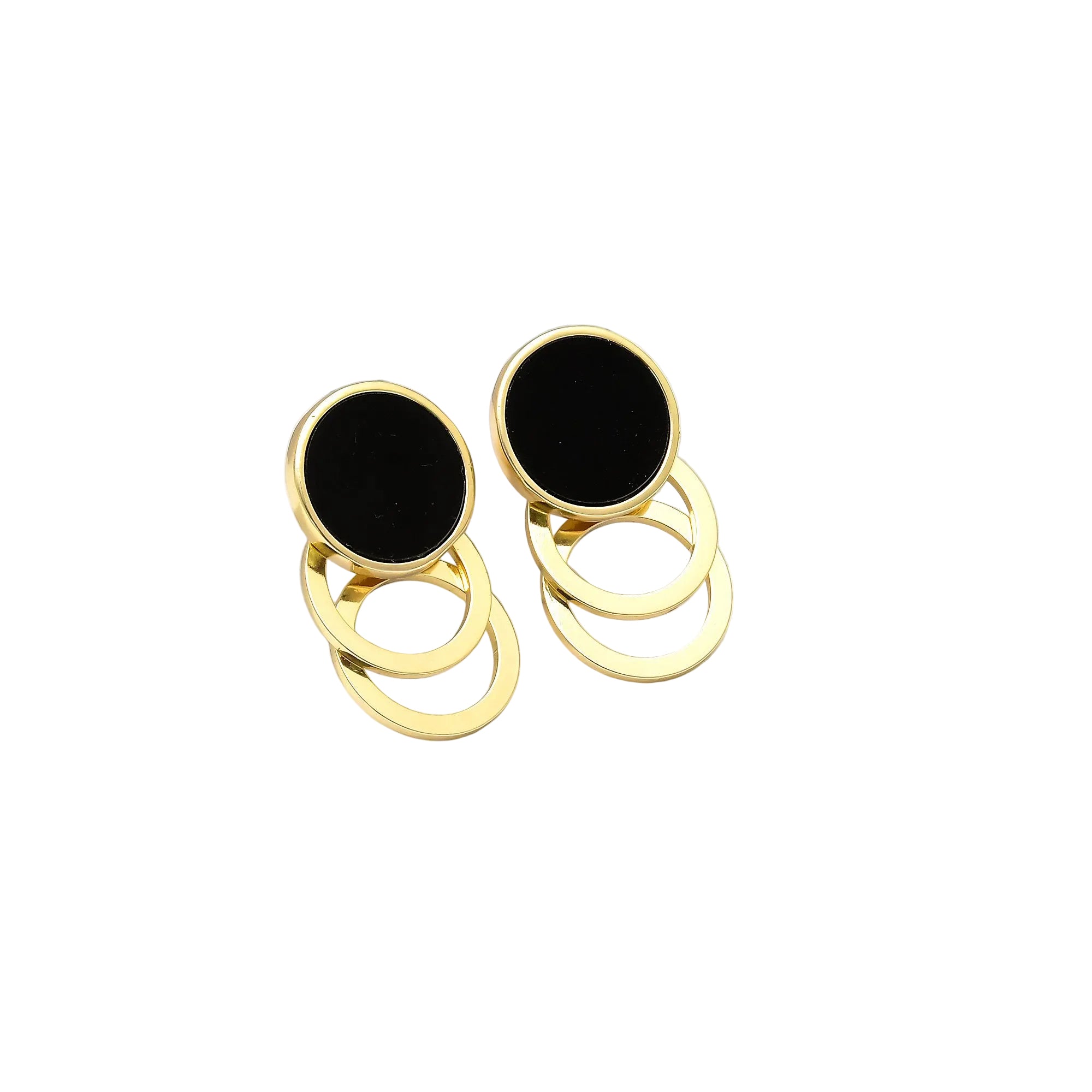 Onyx Cascade hoop earrings with glossy black circular studs and layered gold interlocking rings
