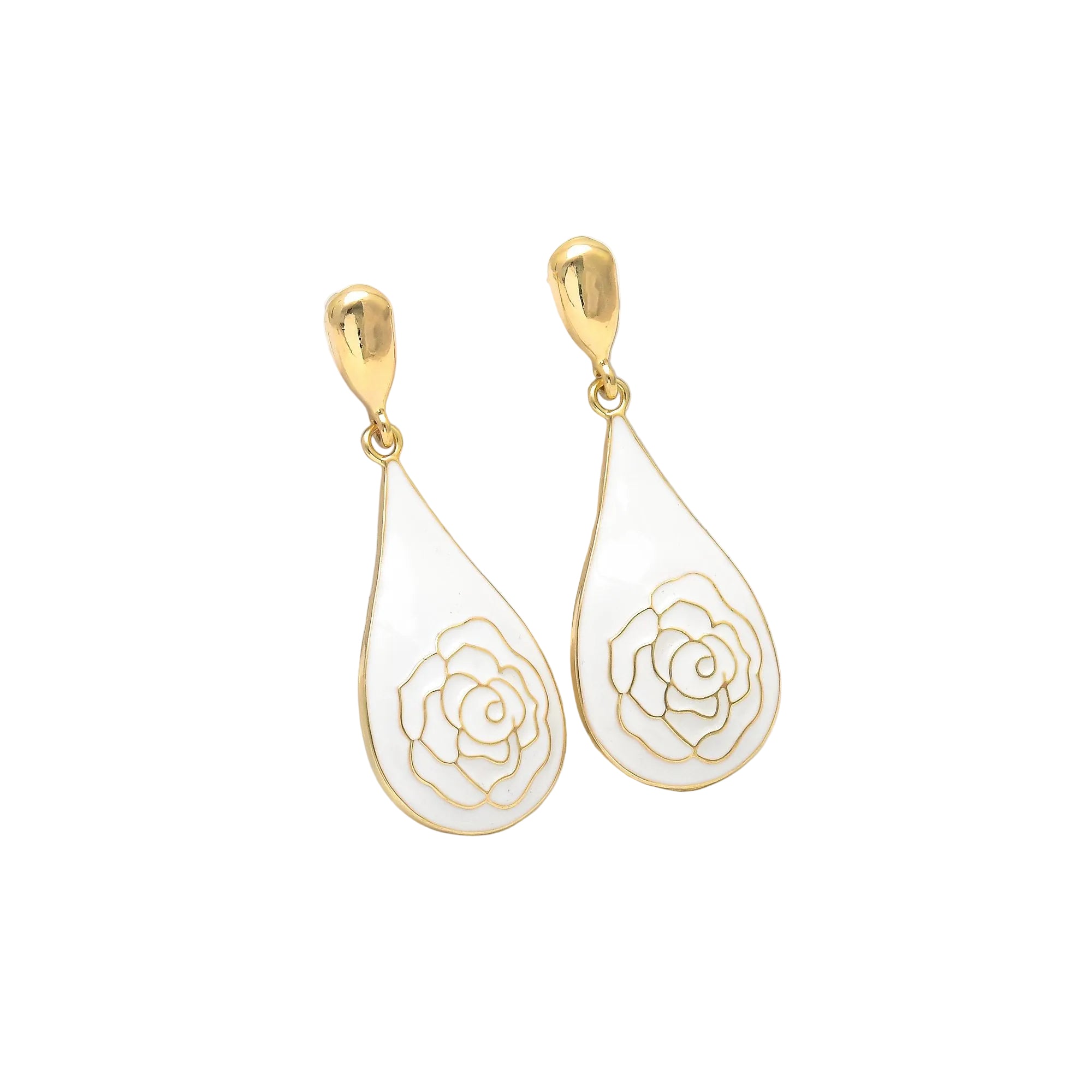 Alabaster Rose teardrop earrings featuring white enamel and a gold rose motif on white display blocks