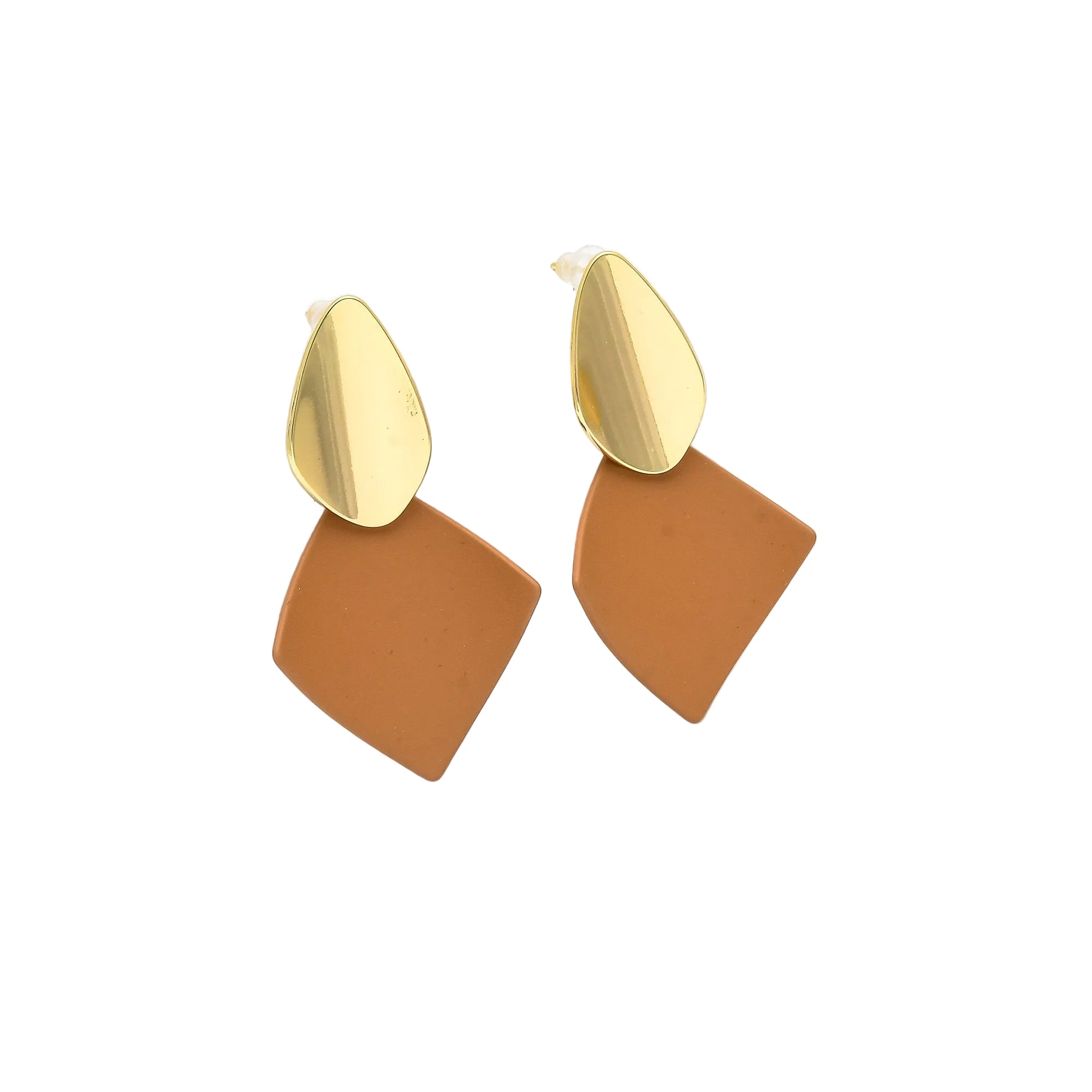 Terra geometric studs featuring polished gold teardrops and matte brown geometric plaques on white steps