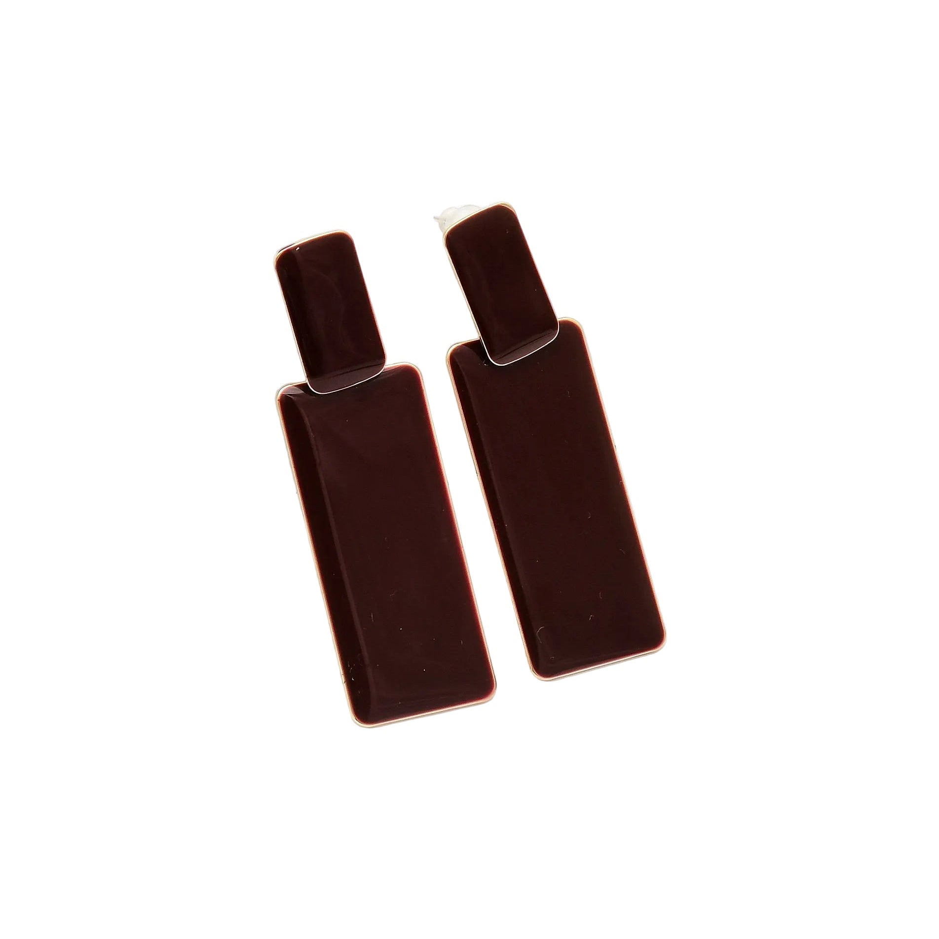 Anti-tarnish Sienna geometric drop earrings with deep brown enamel panels and full gold toned backing