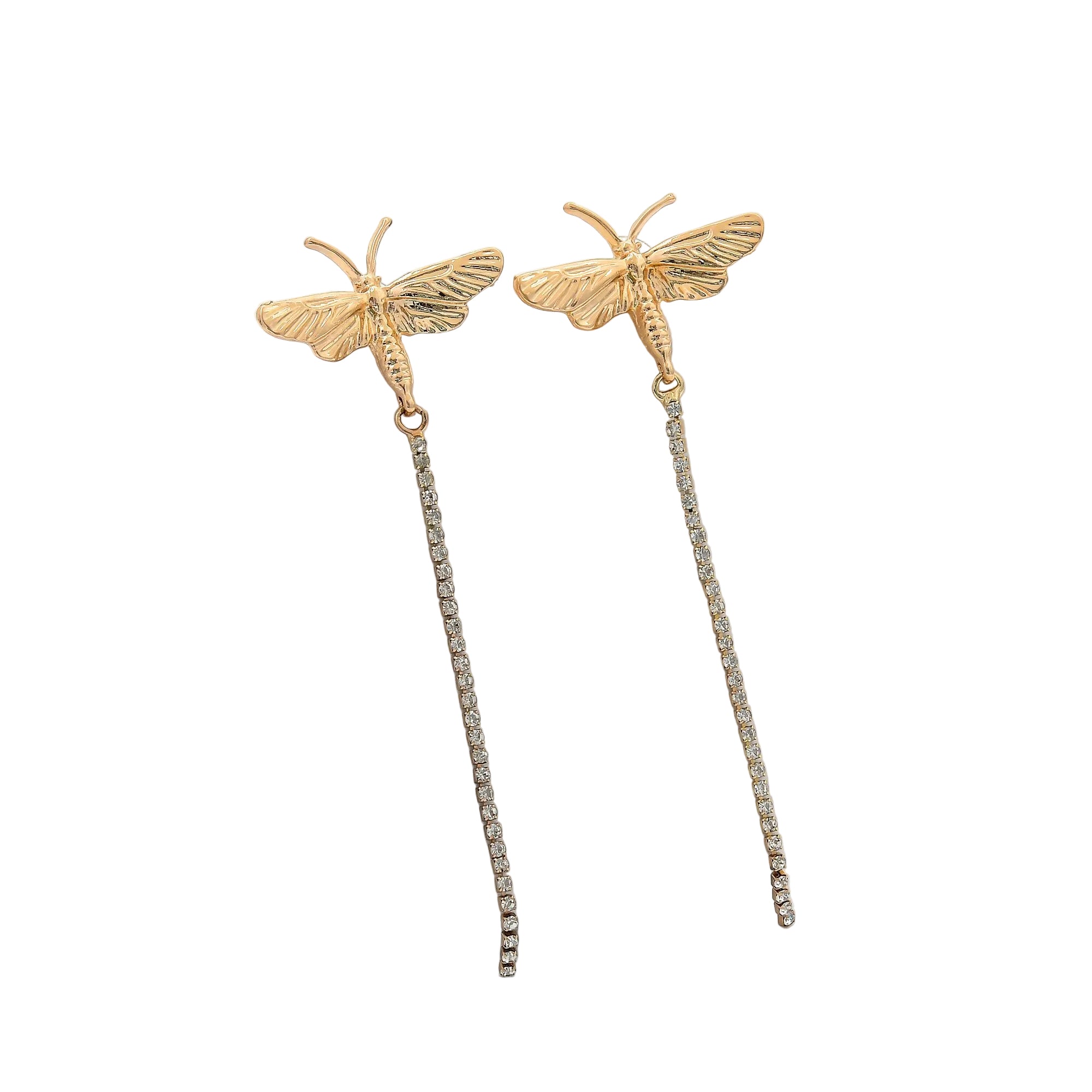 Chrysalis gold butterfly drop earrings with linear crystal chains displayed on white geometric blocks
