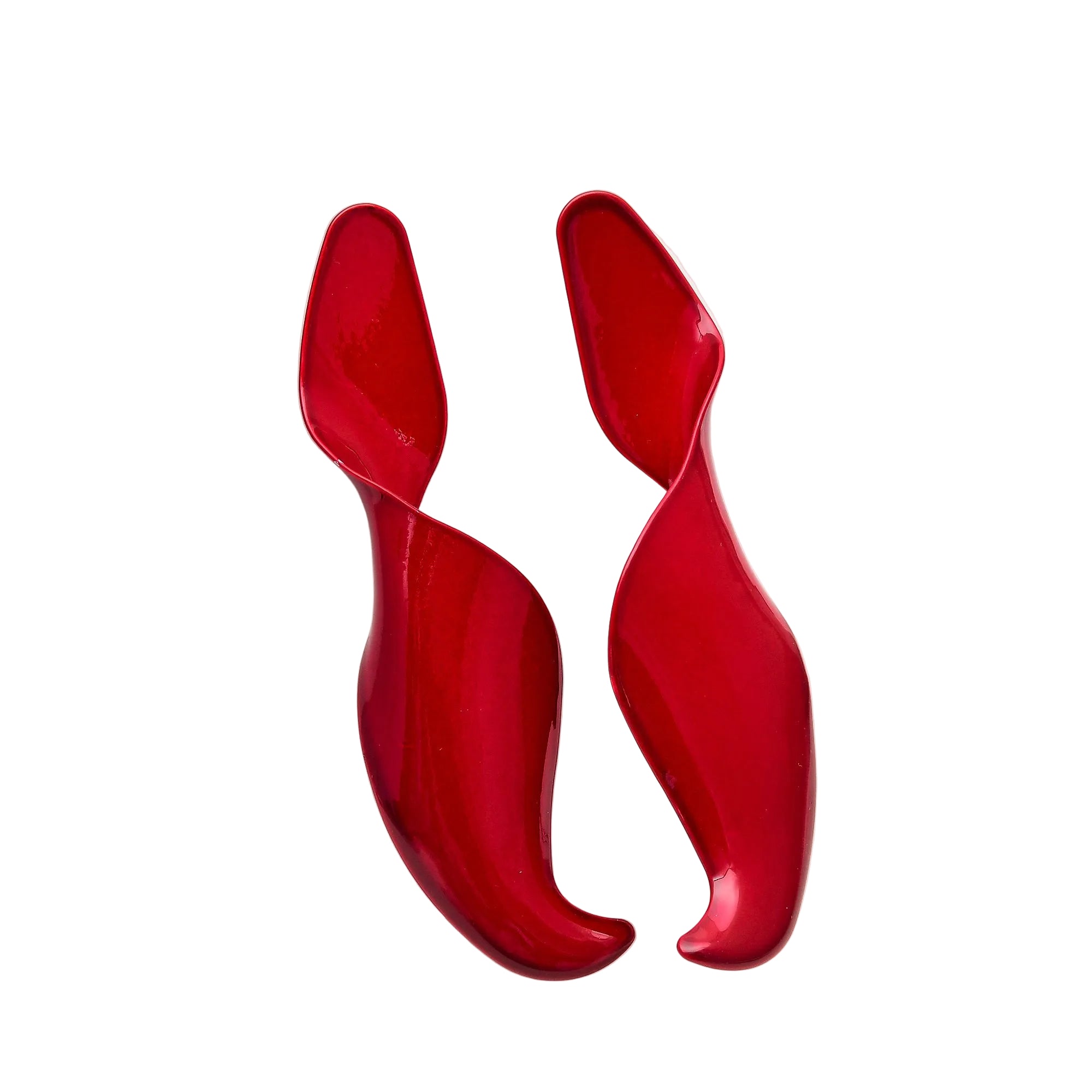 Crimson Fluidity high gloss red sculptural statement earrings on white display blocks