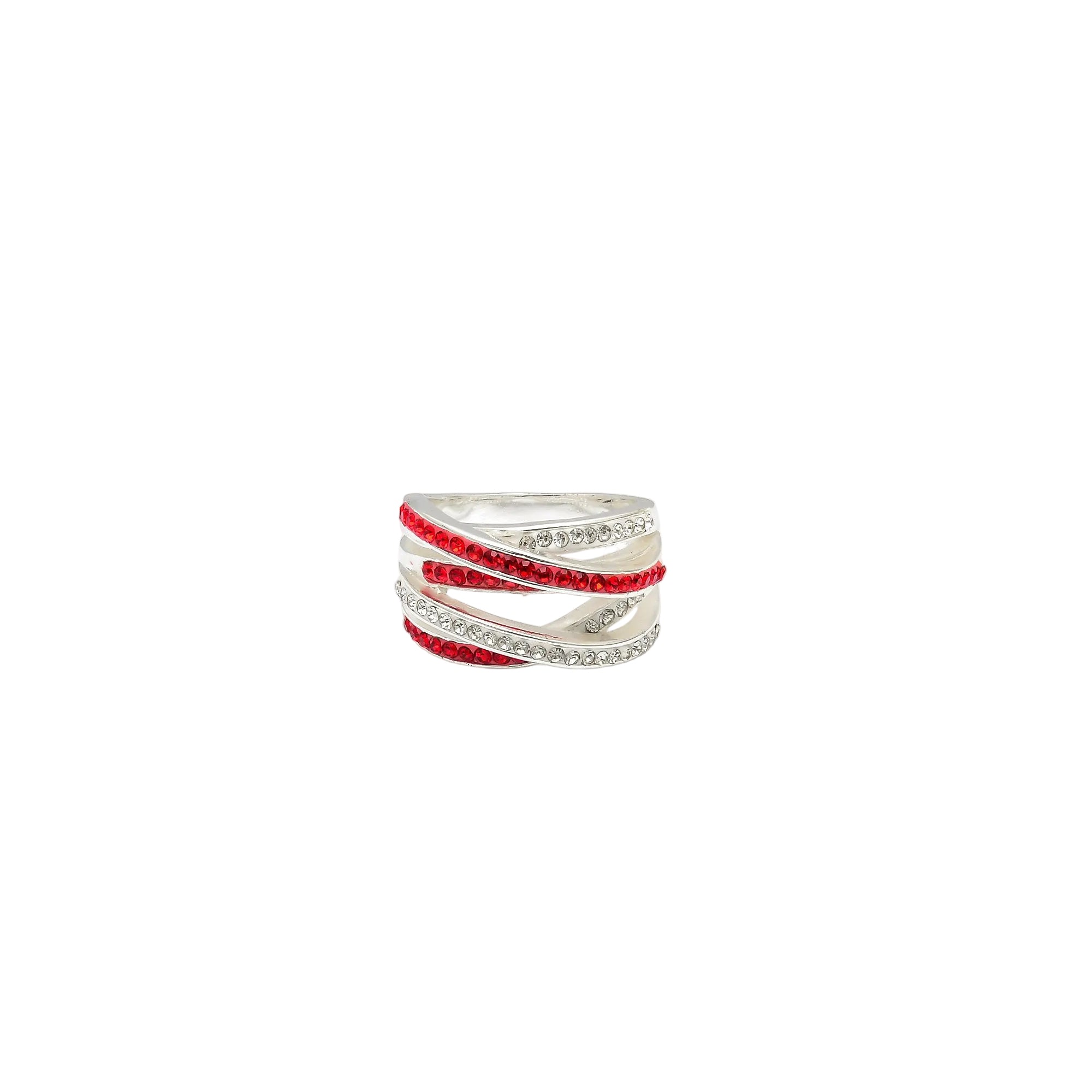 Signature Crimson Crossover ring, a handcrafted silver-plated band with intricate crisscross crimson-red and clear crystal channels