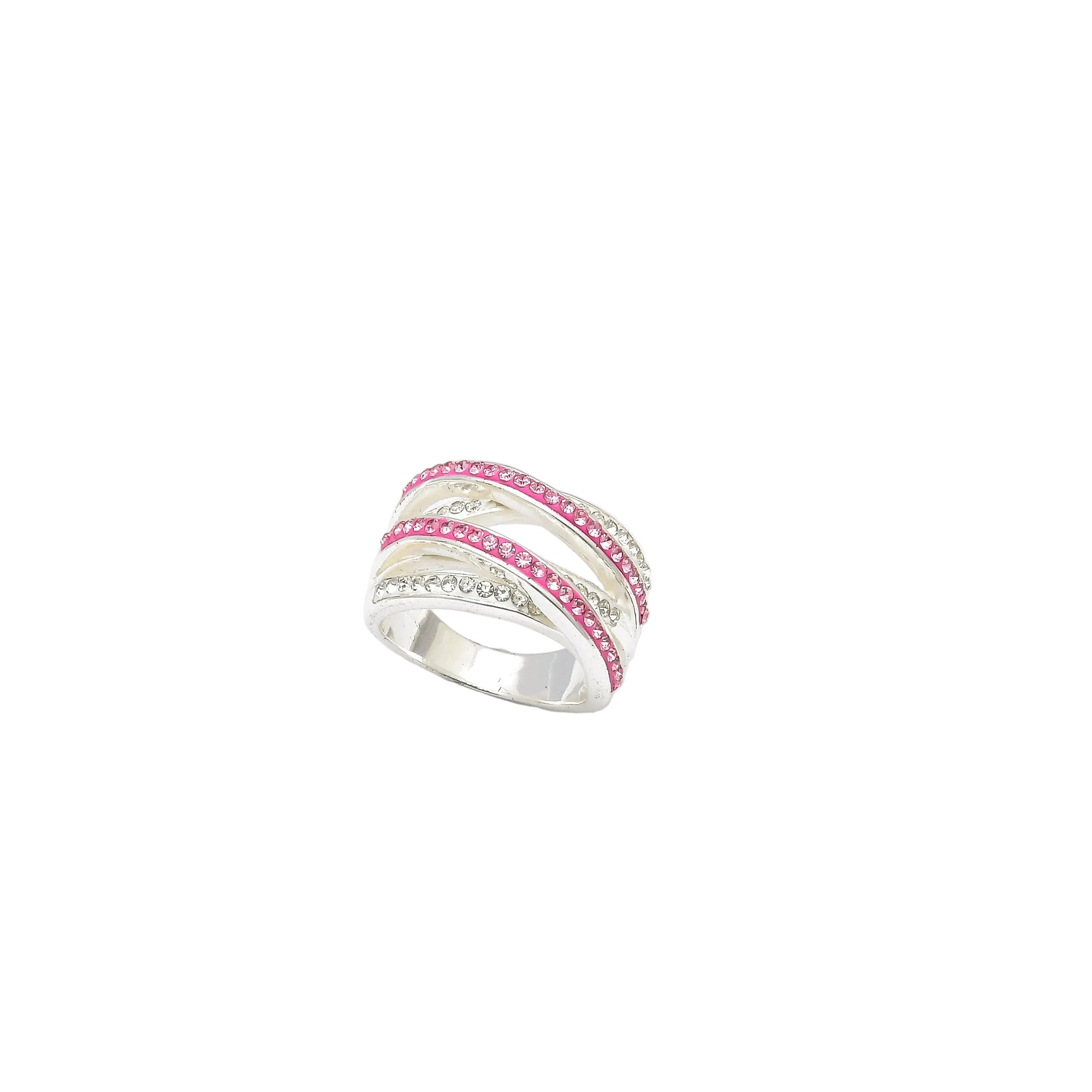 Signature Pink Crossover ring, a handcrafted silver-plated band with intricate crisscross crystal channels
