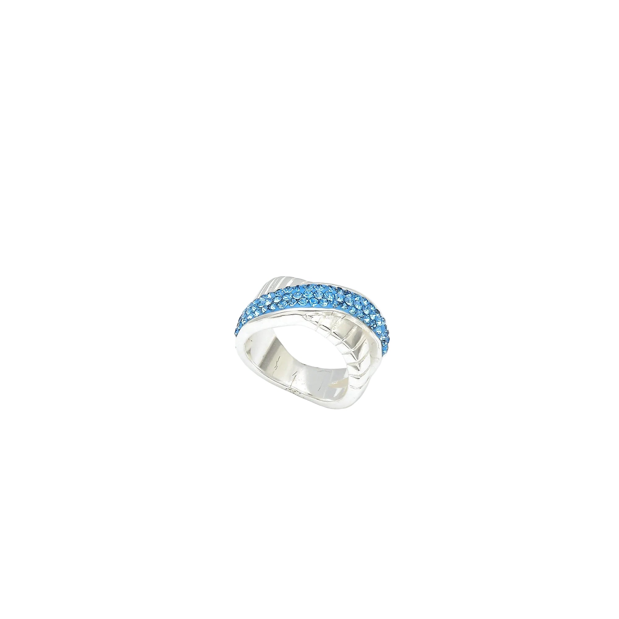 Signature Azure Crossover ring, a handcrafted silver-plated band with an intricate crisscross channel of vibrant azure crystals
