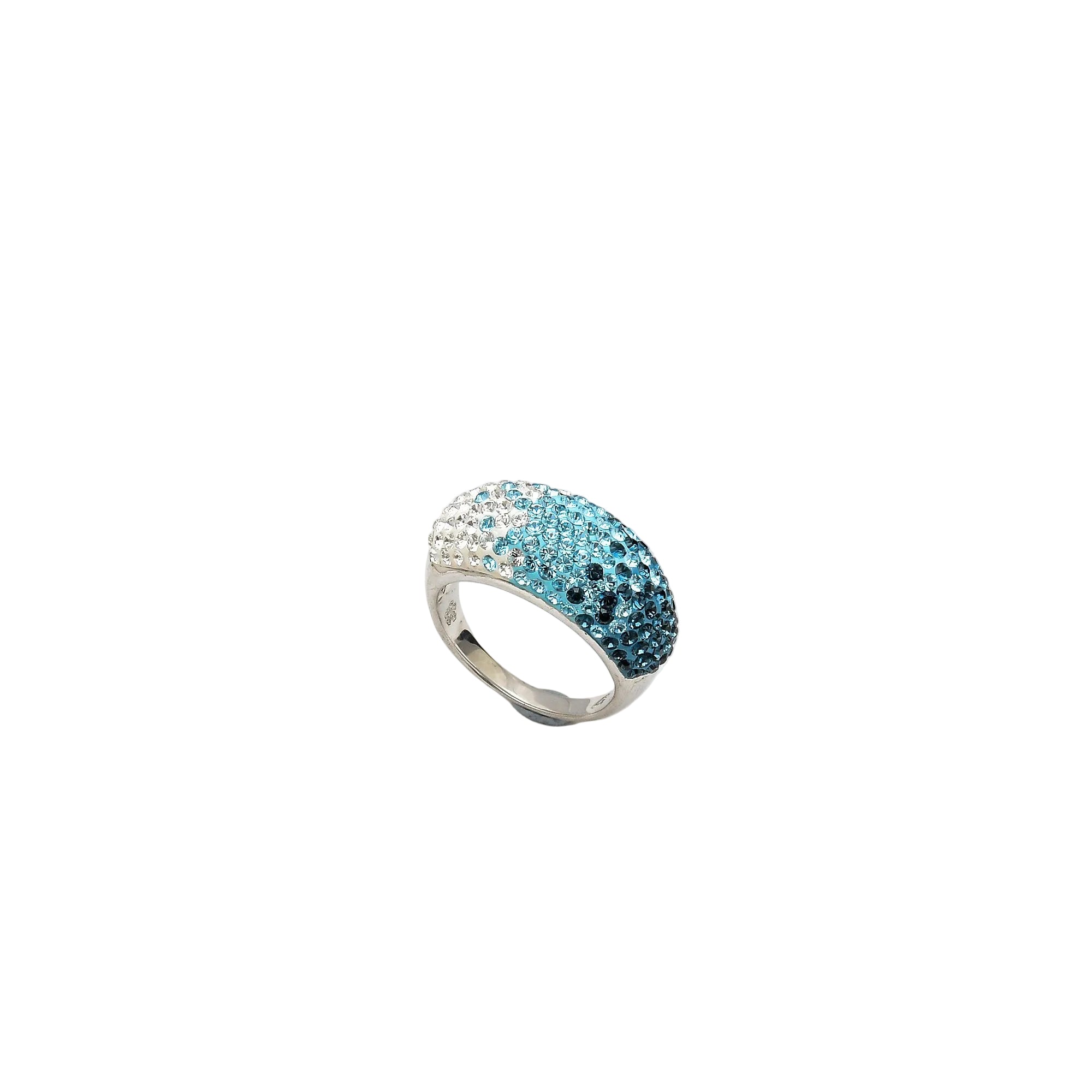 Signature Ombré Dome ring, a handcrafted silver-plated band featuring a clear-to-teal crystal gradient and smooth dome architecture
