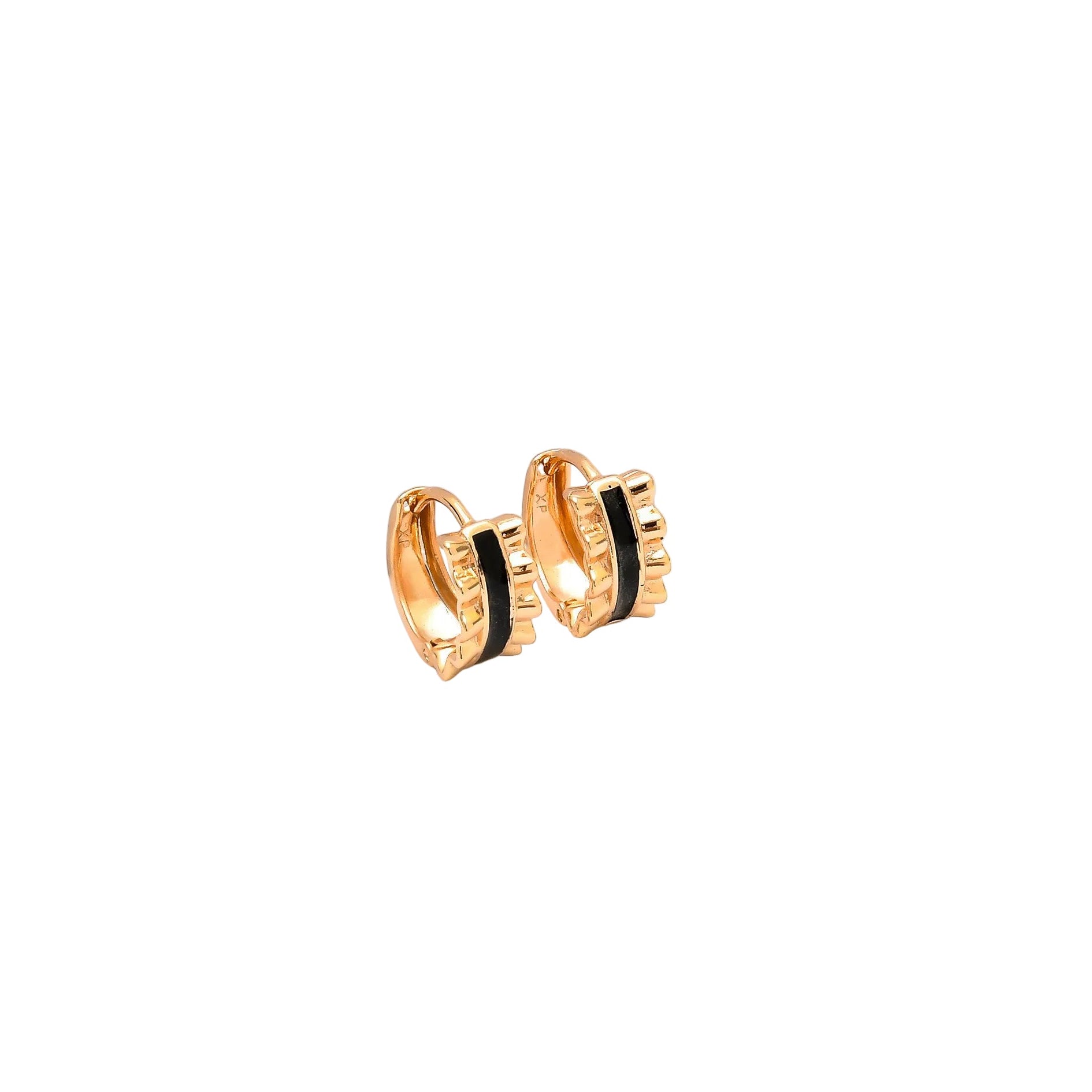 Minimal black enamel ONYX Rose mini hoop earrings in stainless steel with rose gold tone finish