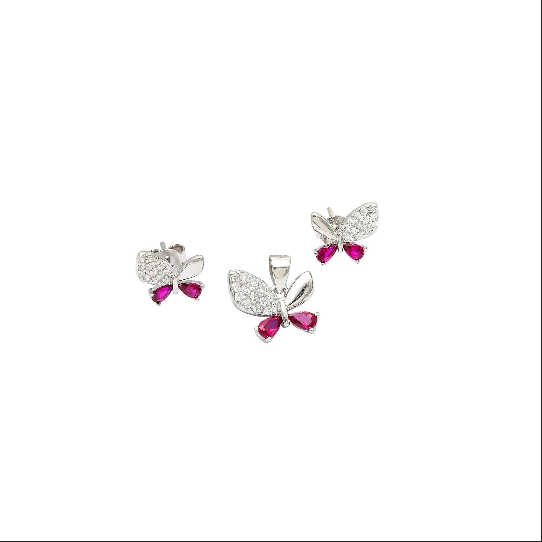 925 sterling silver butterfly pendant necklace with pink and white stones