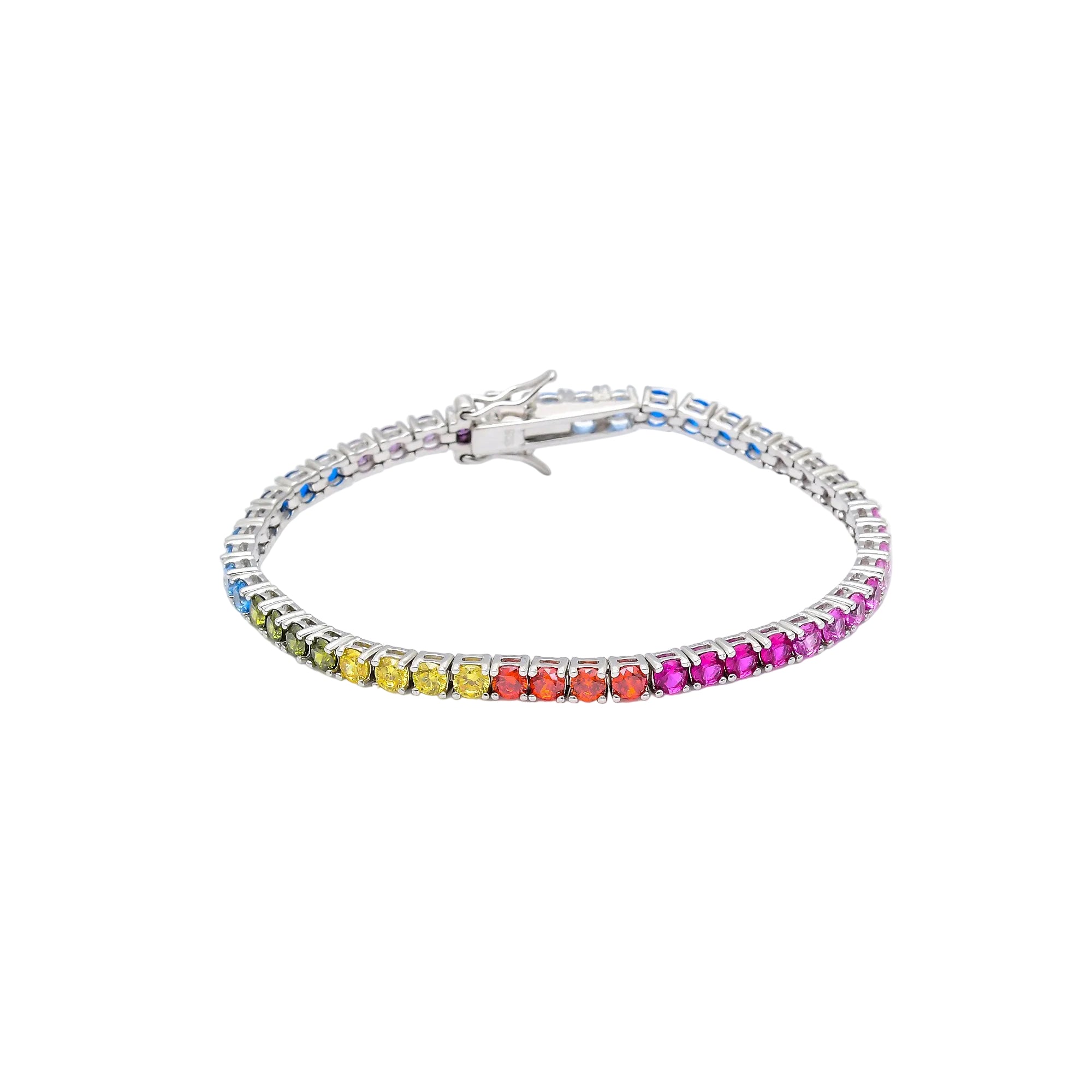     Multi-colour 925 sterling silver tennis bracelet with cubic zirconia stones worn on wrist