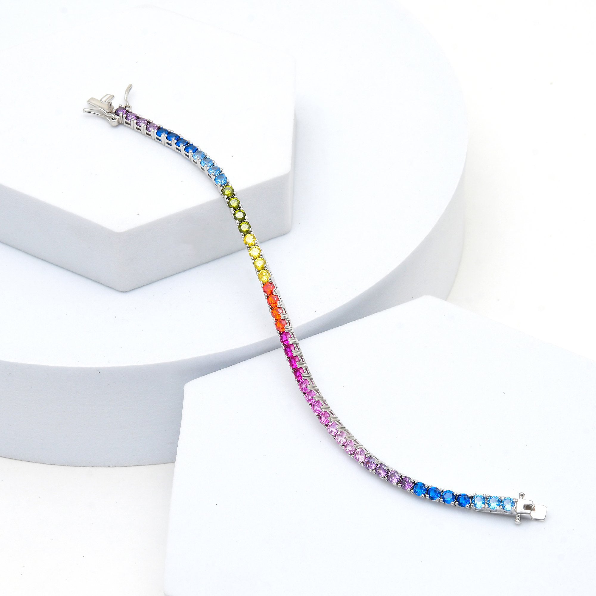     Elegant everyday tennis bracelet with coloured stones and polished silver finish