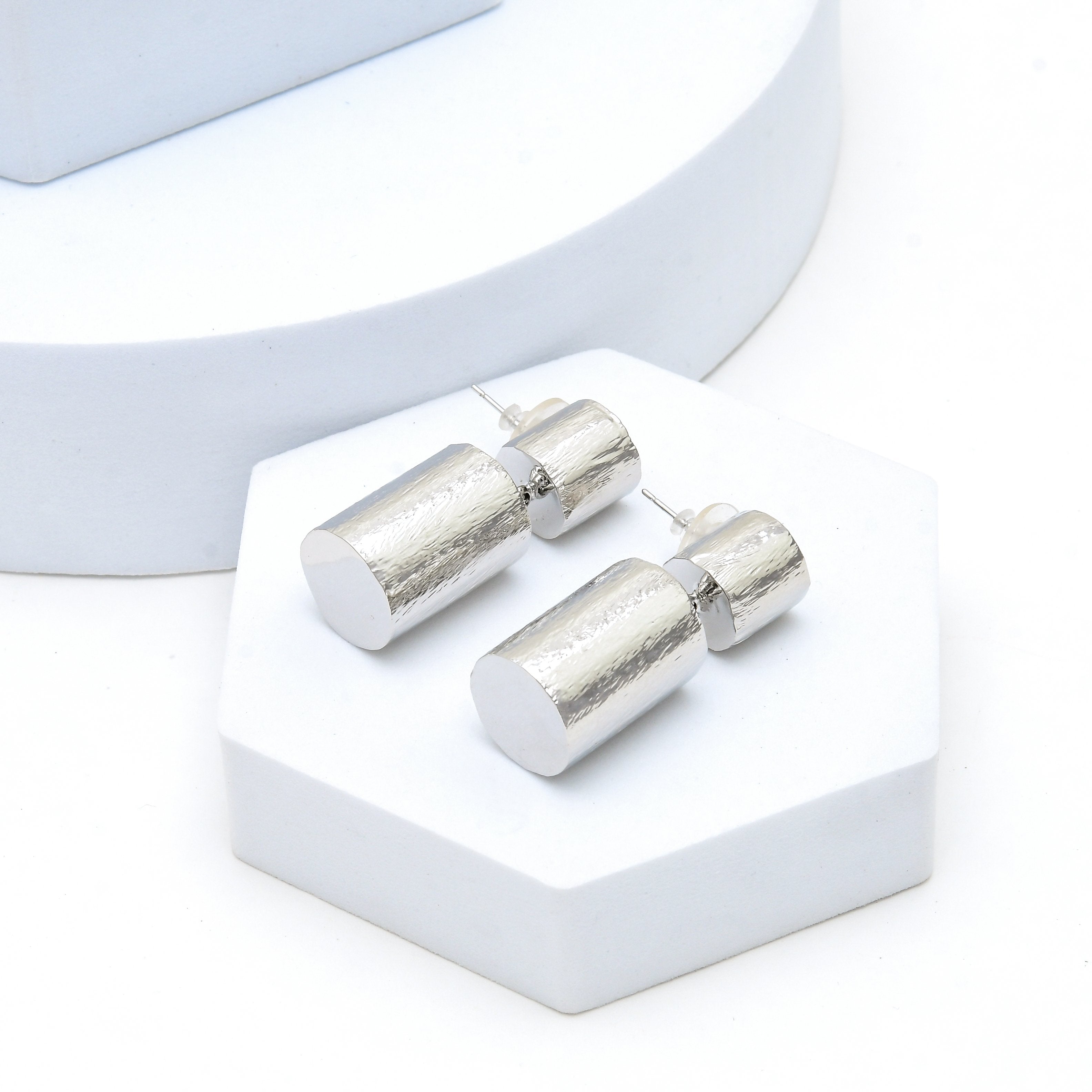 Silver Statement Drop Earrings | Textured Geometric Dangle Earrings for Women
