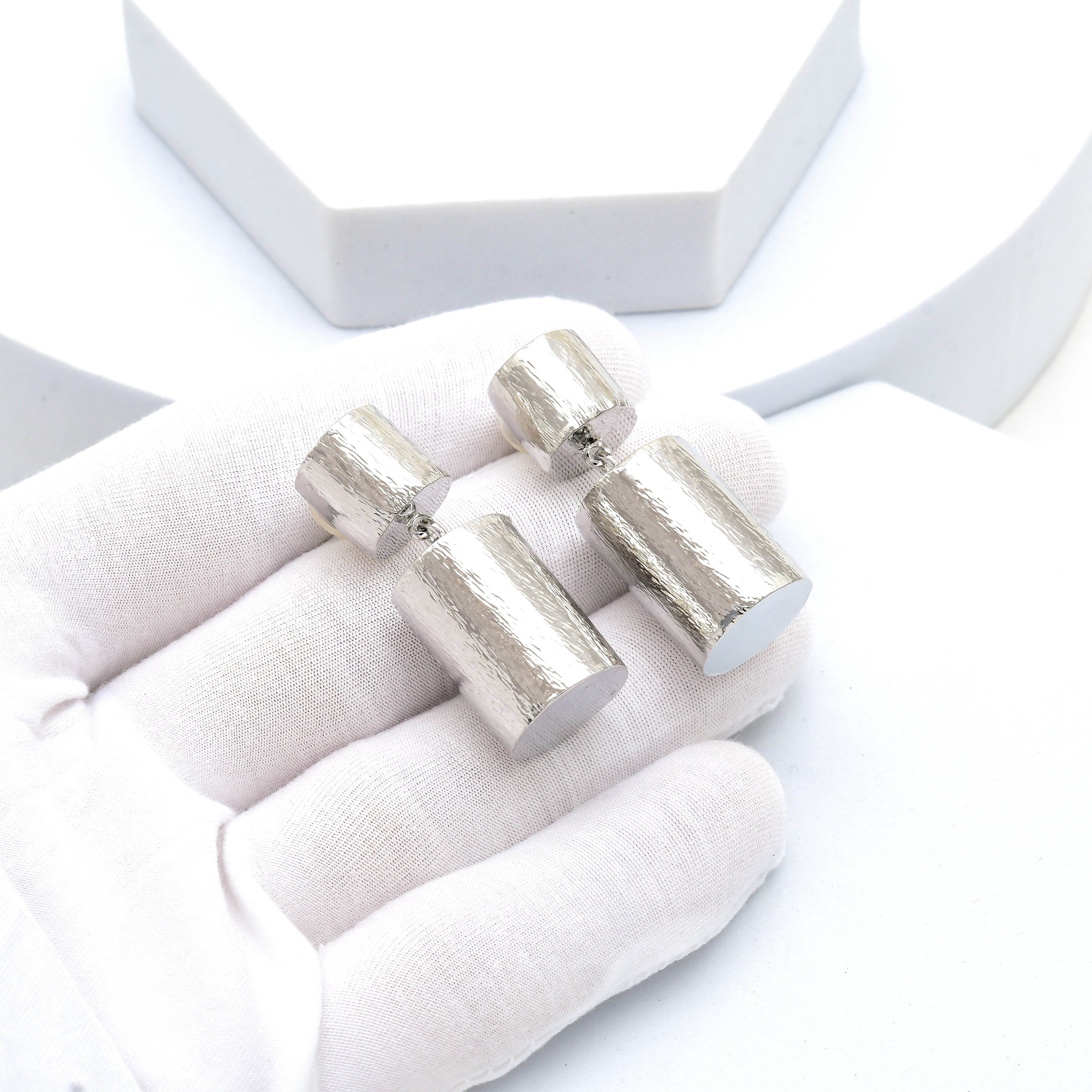 Silver Statement Drop Earrings | Textured Geometric Dangle Earrings for Women