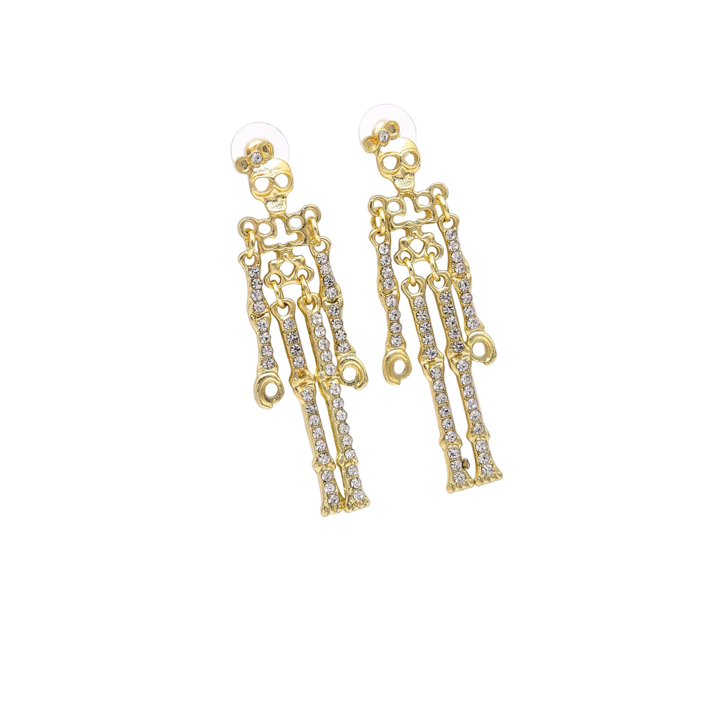 A pair of gold-tone dangle earrings with multiple chain-like strands and small clear stones, displayed on a white geometric stand against a white background.