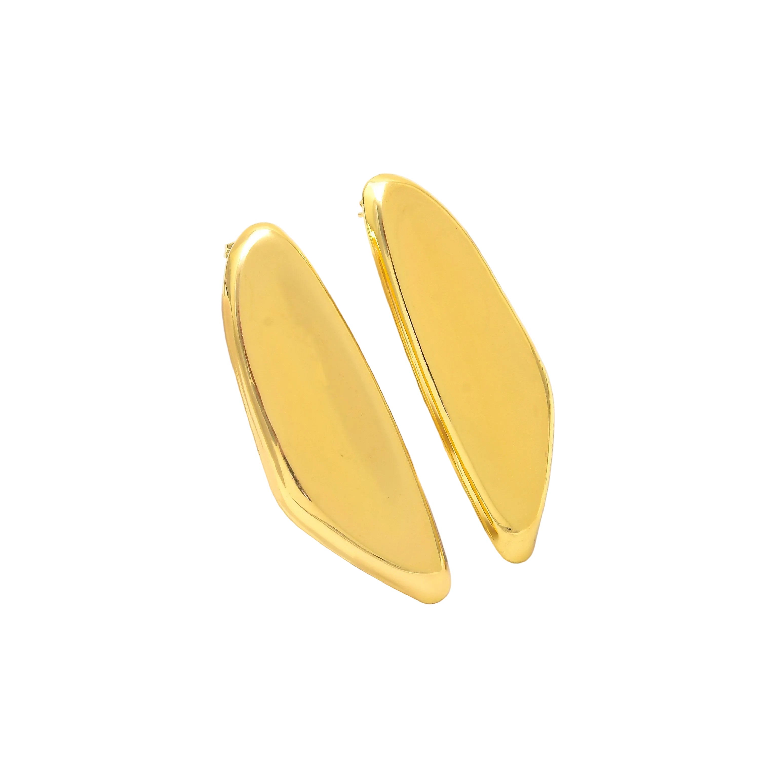 A pair of large, polished gold geometric drop earrings displayed on white geometric display blocks against a clean white background Premium stainless steel sculpted gold stud earrings featuring a sleek elongated silhouette with a mirror polished finish for modern everyday styling by Civaro