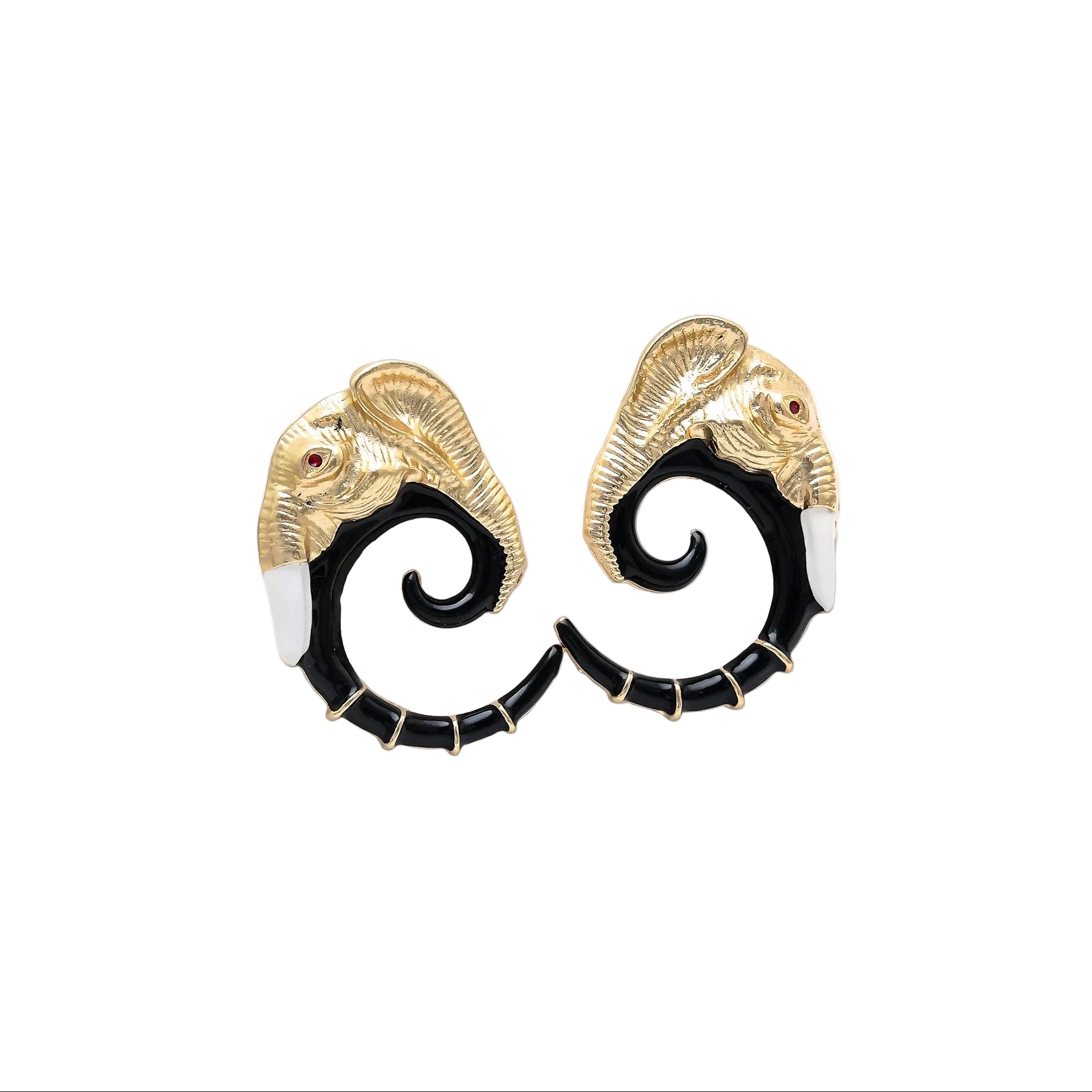KC gold plated elephant statement earrings with black enamel spiral design by Civaro