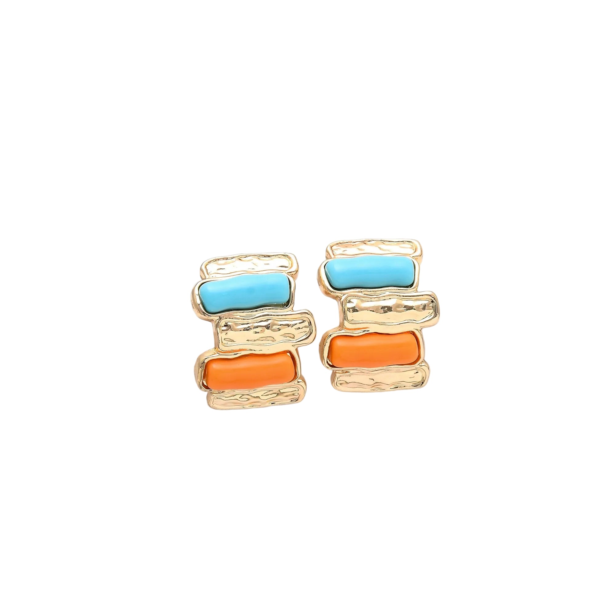     Color block gold stud earrings with turquoise and orange enamel-inspired accents.