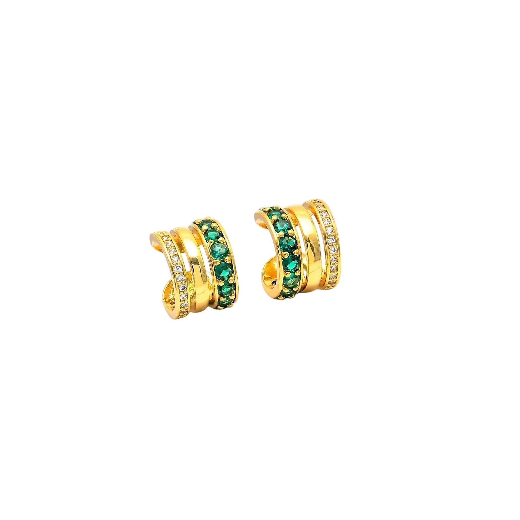     Handcrafted gold ear cuff featuring emerald green synthetic stones and crystal accents.
