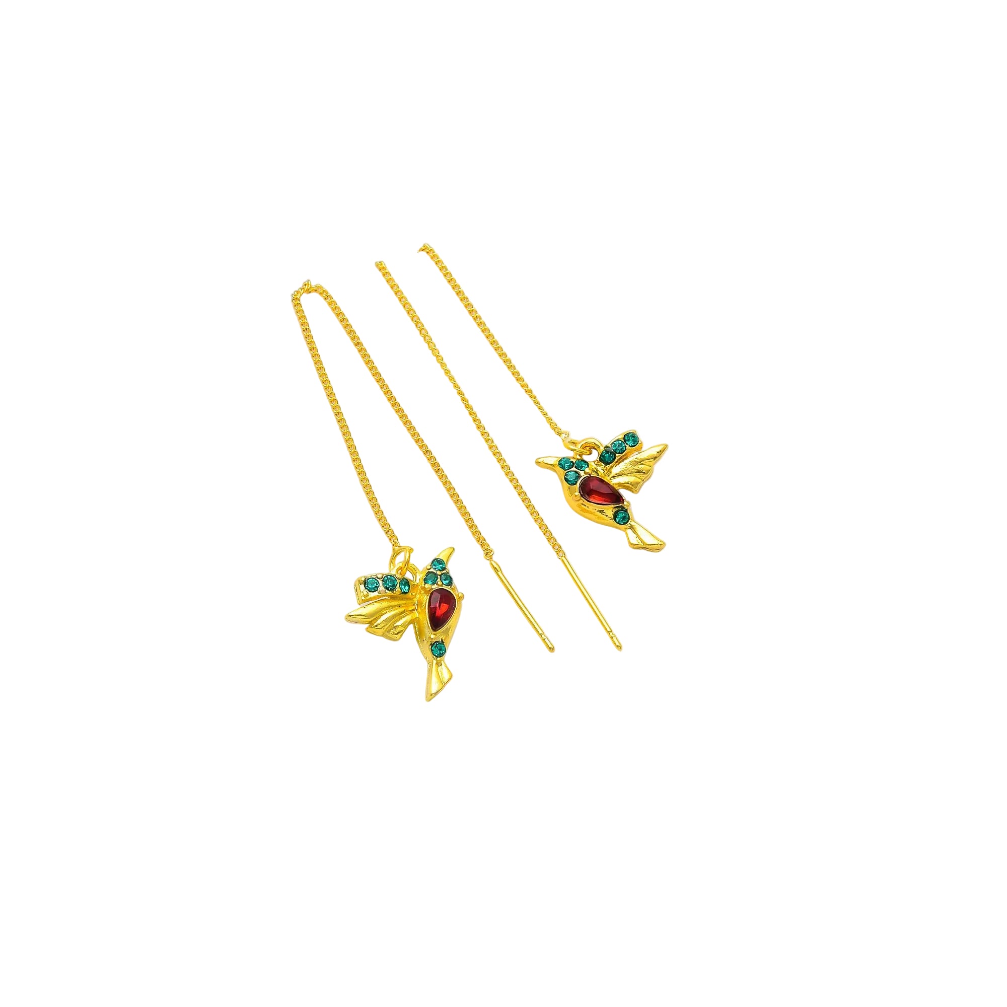 Handcrafted gold hummingbird threader earrings with emerald green and ruby red crystal accents.