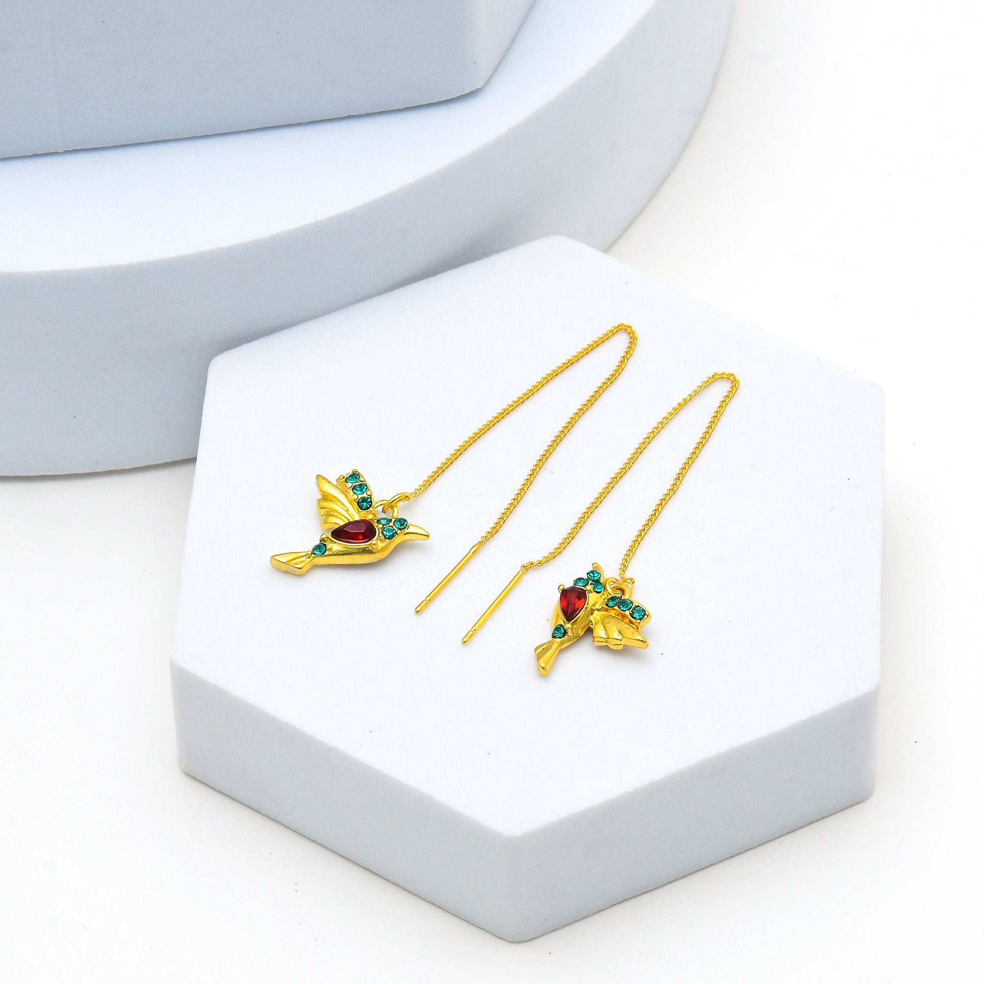     Premium alloy bird wrap-through earrings featuring colorful crystal detailing.