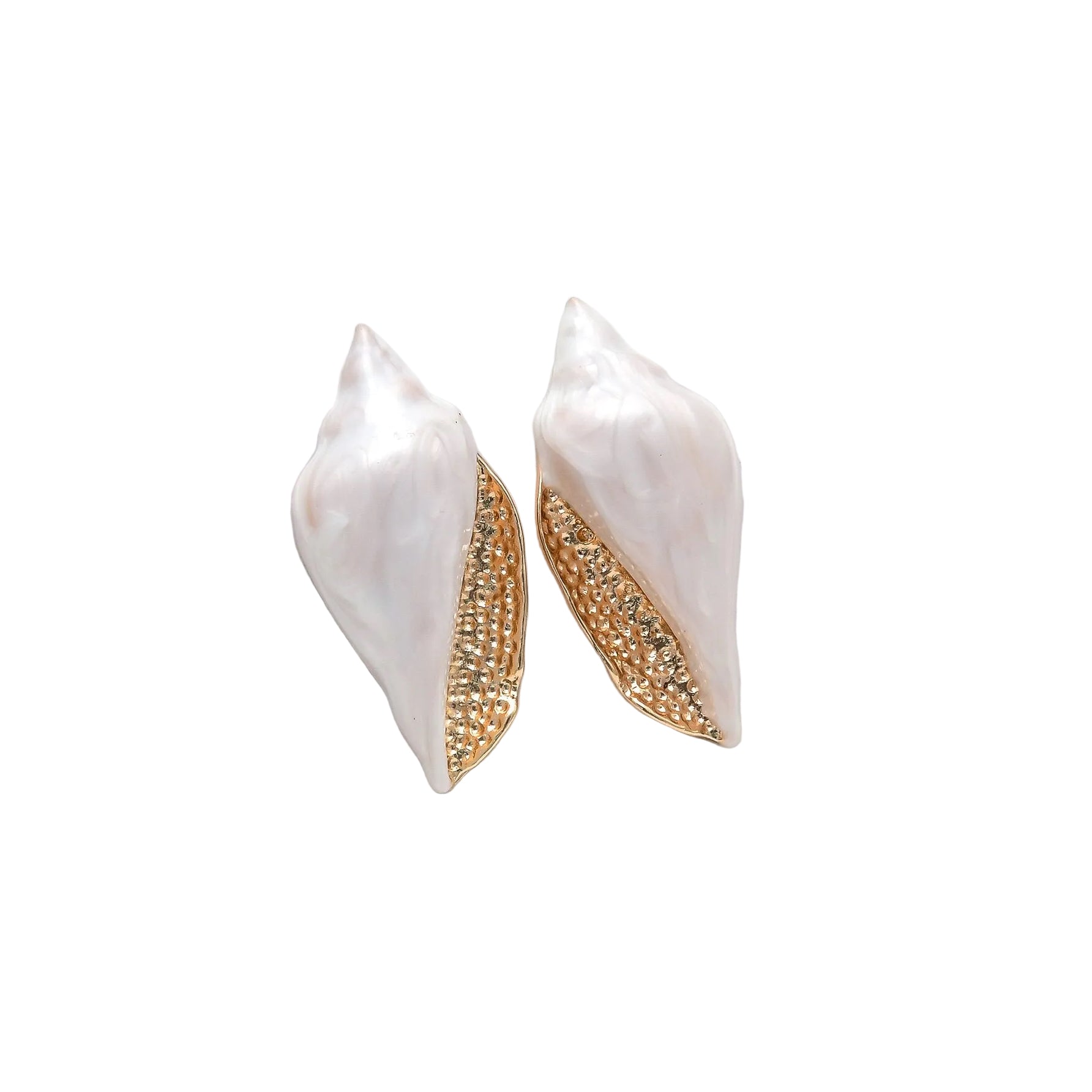 Handcrafted shell-inspired statement earrings featuring a luminous mother-of-pearl effect finish with textured gold detailing in premium brass and alloy.